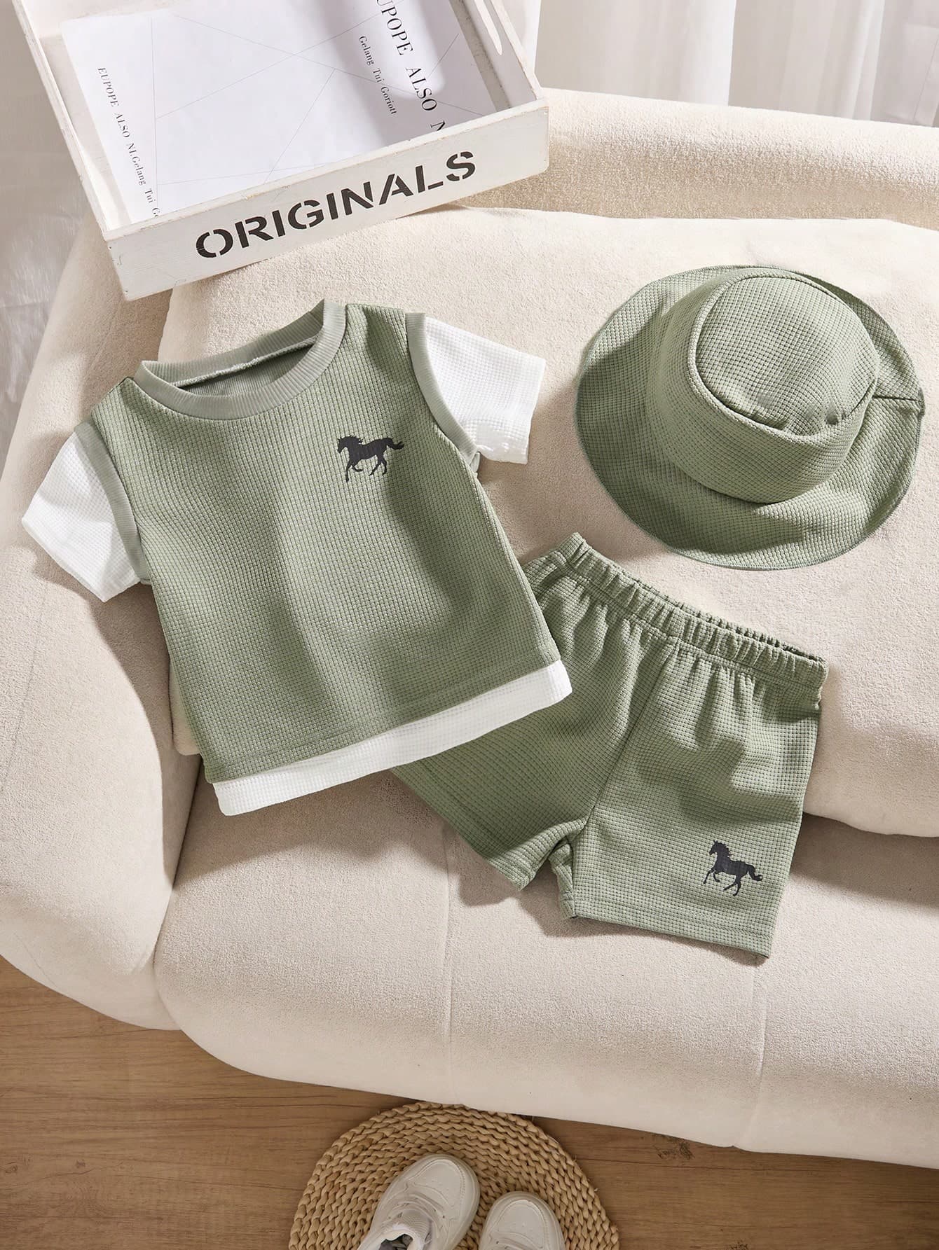 SHEIN Playful Pals 3pcs/Set Baby Boy Summer Sage Green Waffle Fabric Round Neck 2 In 1 Top Shorts With Hat Casual Beach Style For School Vacation Sports & Gatherings