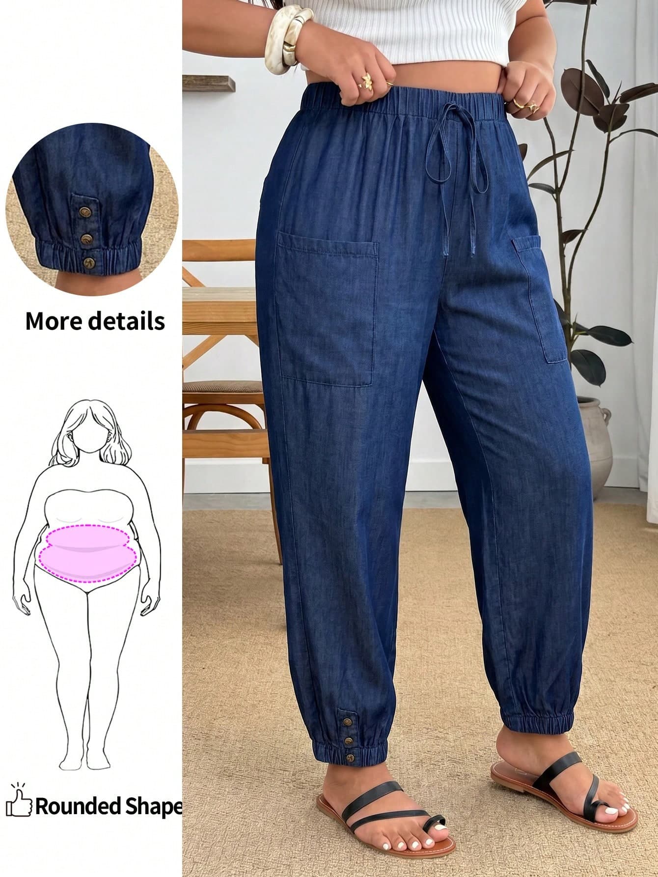 Enliva Plus-Size Women's Summer Casual Cropped Trousers, Dark Blue Comfortable Trousers, Trousers With Pockets, For Apple And Rounded Body Shape