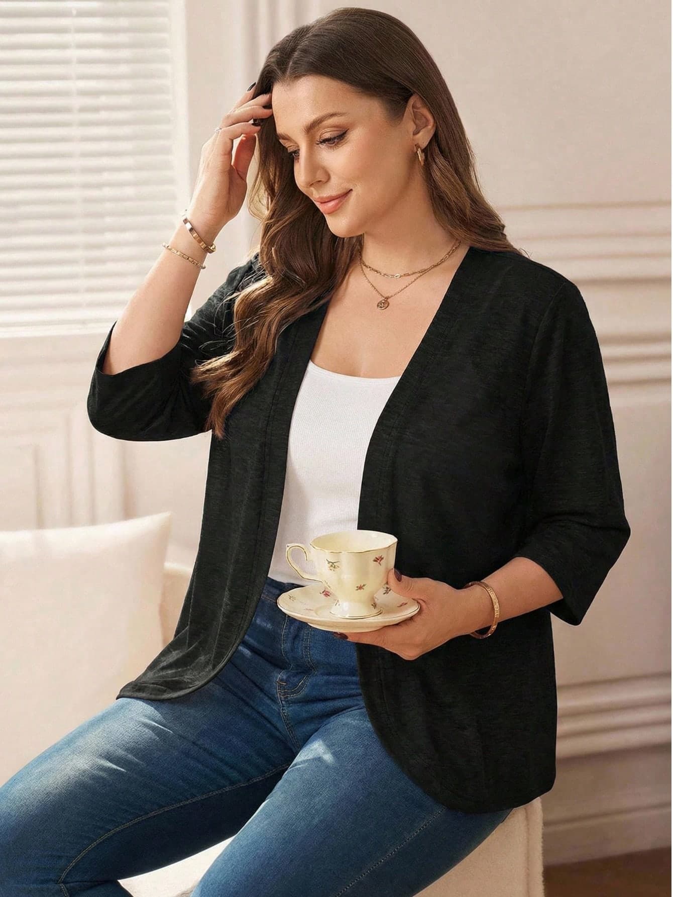 Rosumi Plus Size Vacation Outfits Woman Women Cardigans Solid Color Asymmetric Hem Casual Resort CostumeJacket Winter Fall Autumn