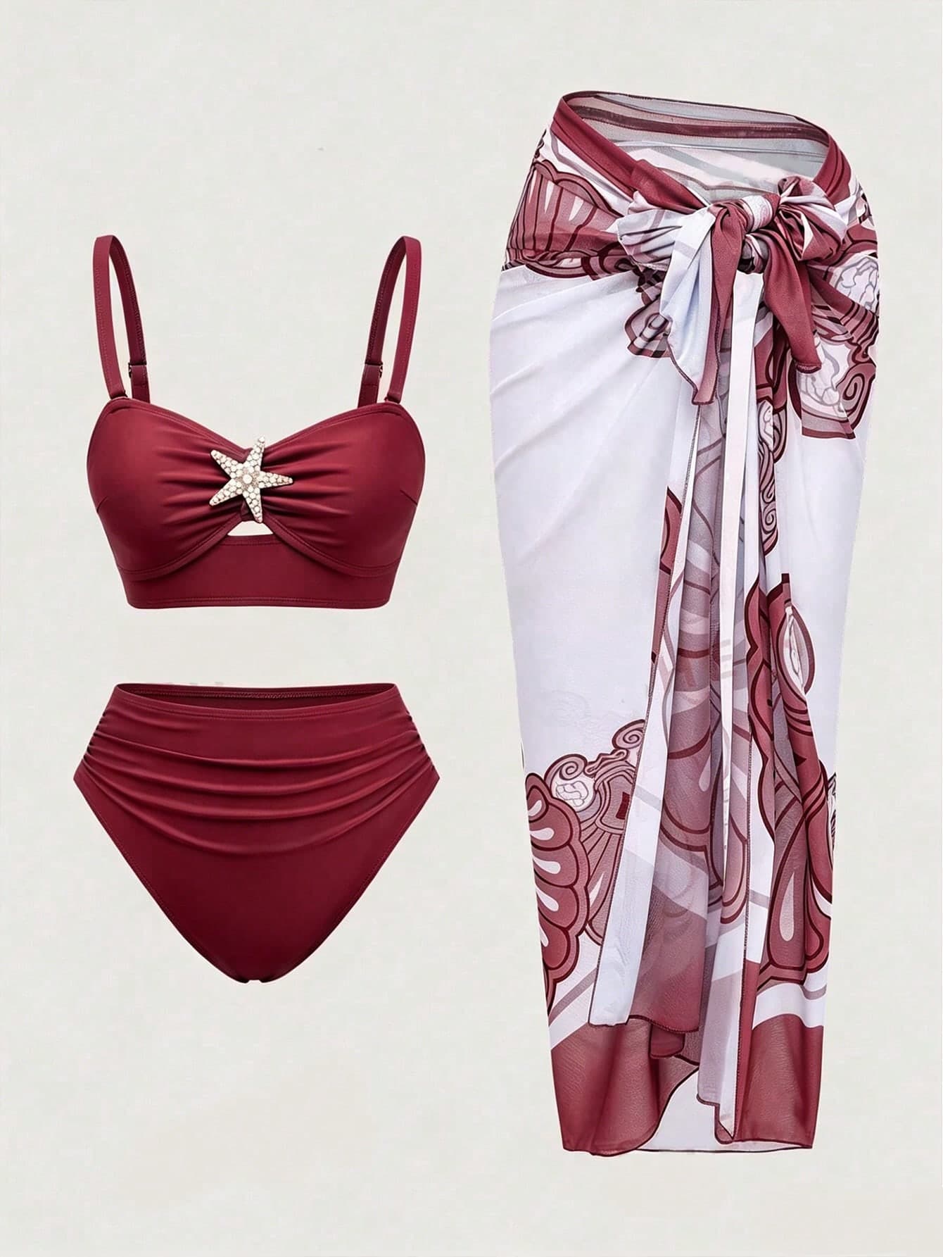 Swim Oasis Plus Size Fashion Casual Vacation Summer Starfish Decor Spaghetti Strap Bikini Set And Cover-Up Skirt