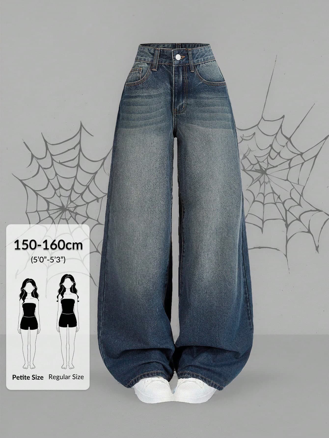 SHEIN PETITE Petite Size Women's High Waisted Medium Wash Multi Pocket Loose Wide Leg Jeans, Fashion Versatile Casual Everyday Streetwear Denim Pants