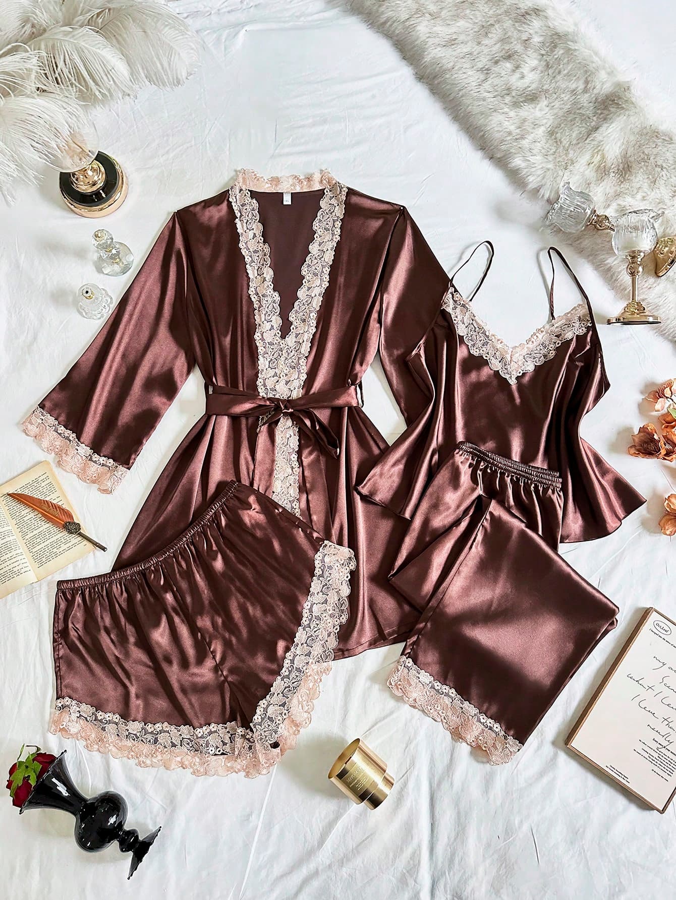 SilkySpell 4pcs/Set Women Plus Size Satin Sleepwear Set, Includes Long Sleeve Robe, Elegant Pants, Lace Trim, Comes With Belt, Suitable For All Seasons Outerwear