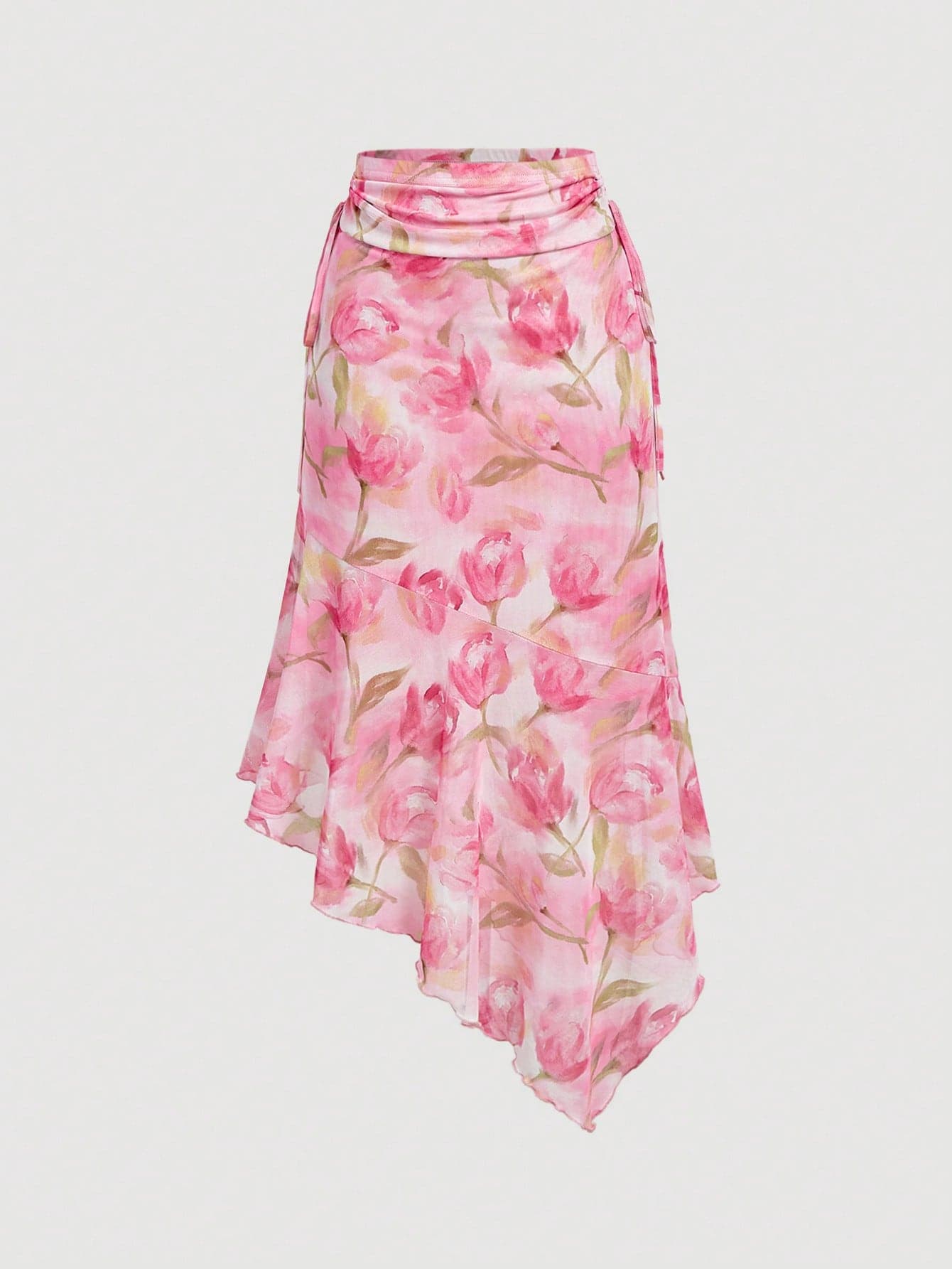 SHEIN MOD Waist Ruched Side Tie Asymmetrical Hem Romantic Cute Print Skirt Floral Skirts Boho Skirt Summer Vacation Holiday Going Out Garden Party Pink Floral