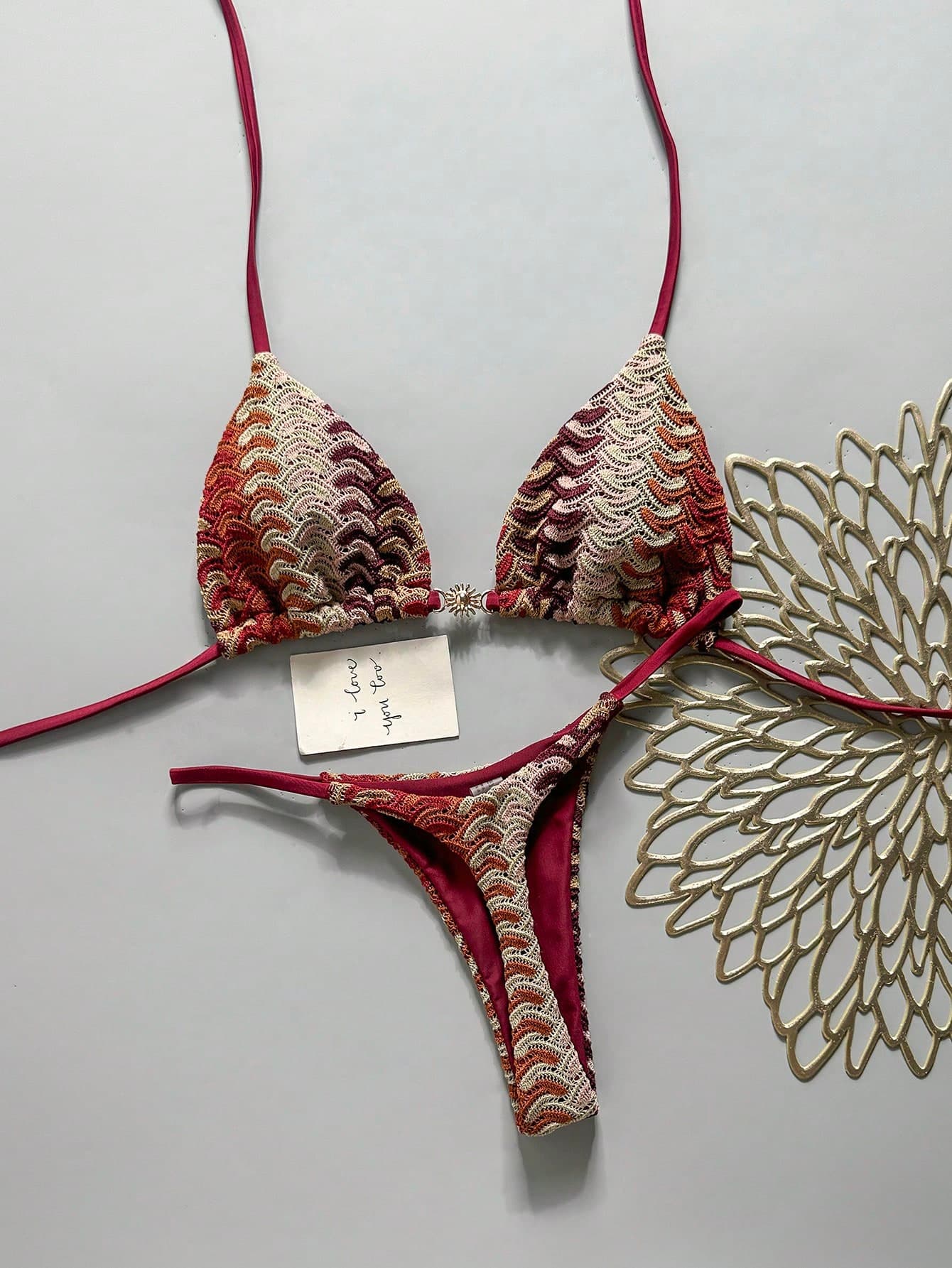Swim Vcay 2-Piece Textured Fabric Halter Bikini Set With Gold Pendant, Sexy Women Summer Beach Vacation Swimwear