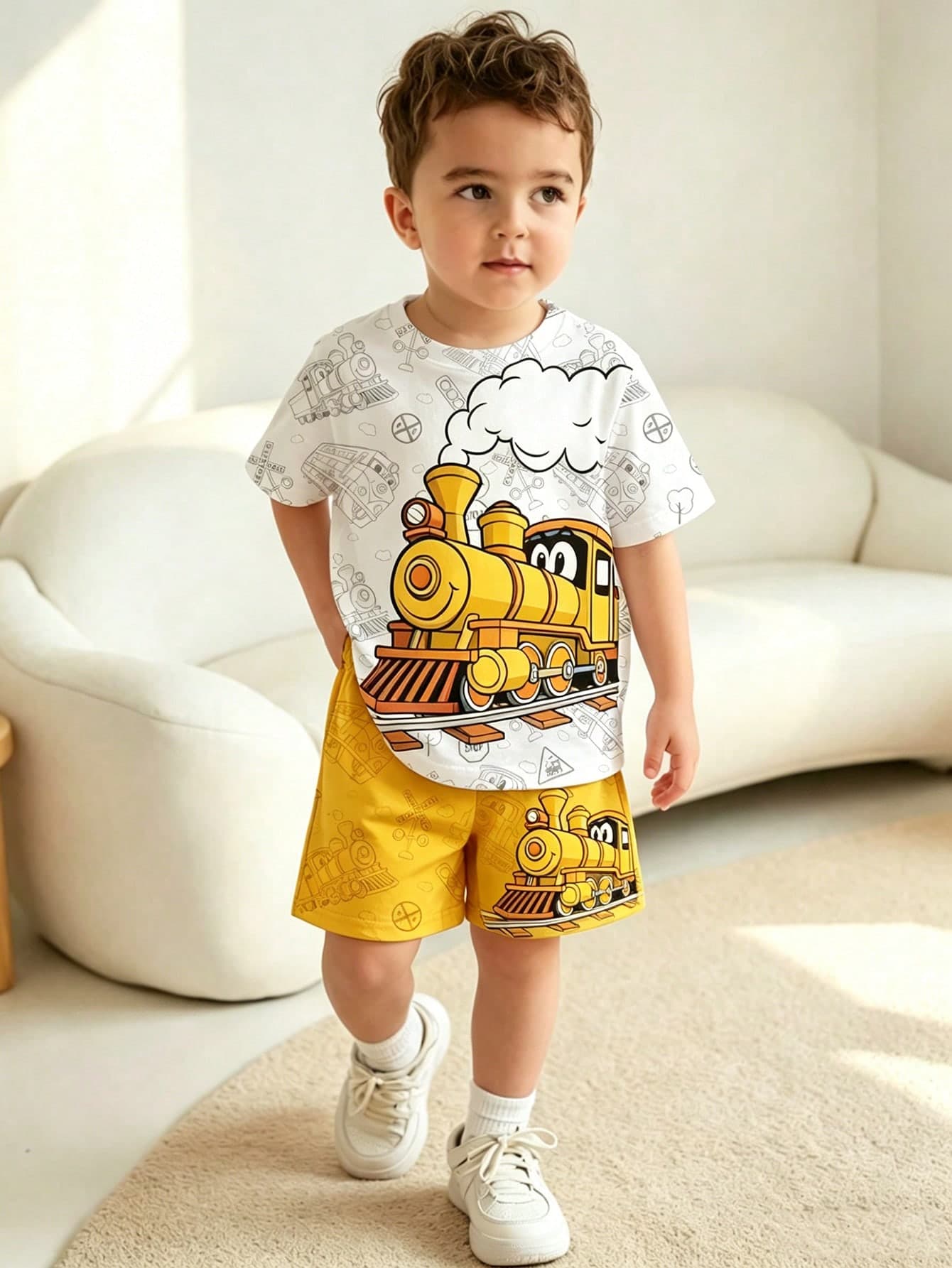 SHEIN Genkimix Kids 2pcs/Set Casual Comfortable Versatile Outfit For Young Boys, Soft Short Sleeve T-Shirt And Shorts Sports Set, Cartoon Train Pattern, Ideal For Summer, Fashionable Casual Wear, Back To School, Suitable For Holiday, Outdoor Picnic, Street Photography, Campus, Festival, Gift