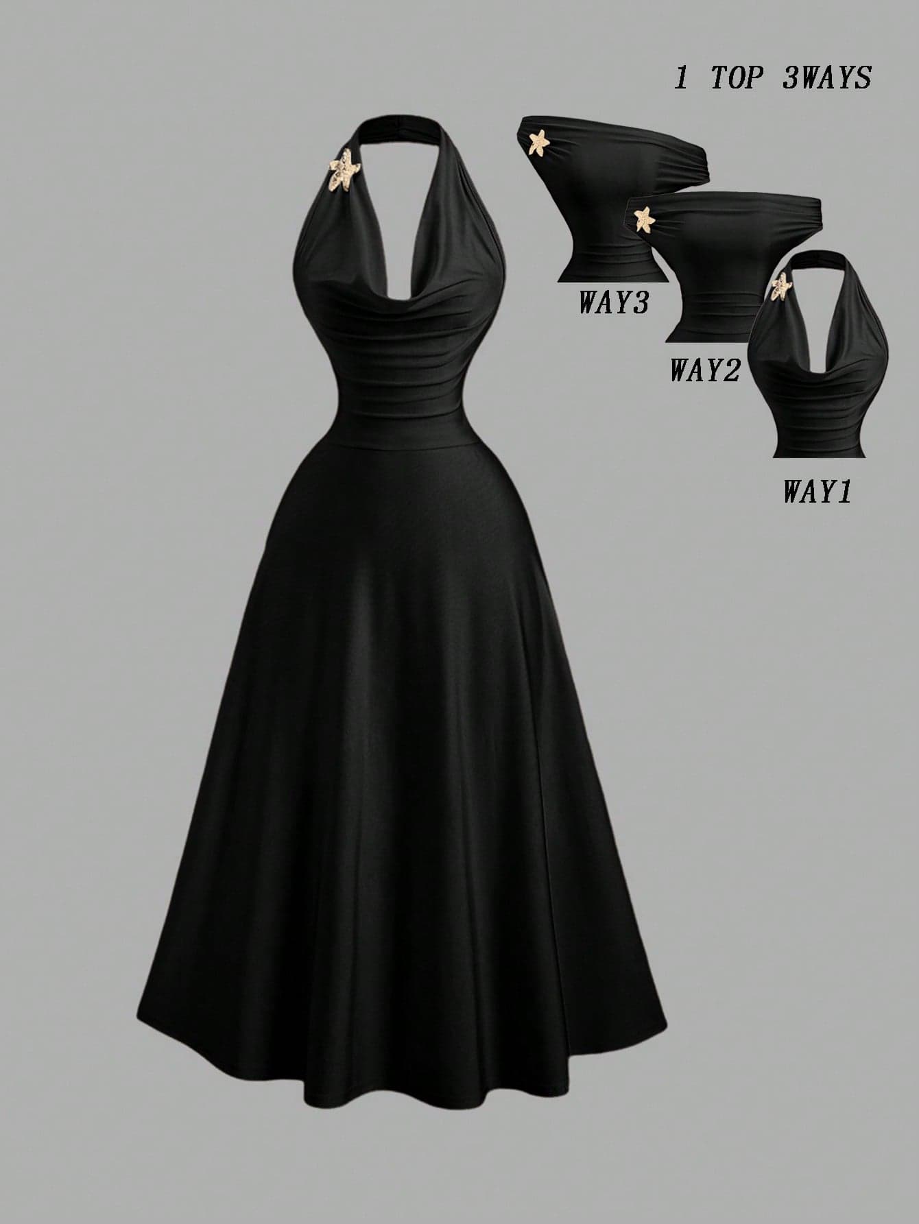 Sweetra French Retro Gentle Apricot Two-Way Design Halter Or Halterneck Elegant Metal Buckle Decor Ruched Waist A-Line Graceful Dress For Women