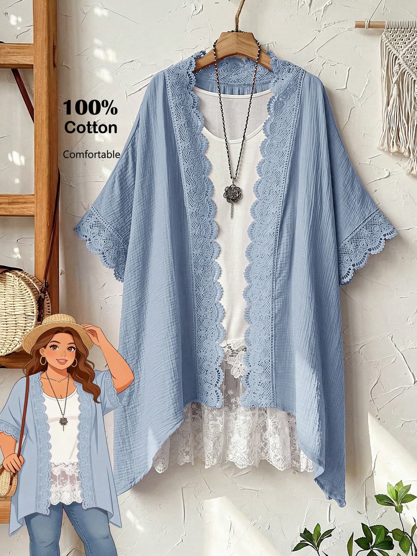 Rusticease Plus Size Women Spring Casual Vacation Solid BlueLace Patchwork Kimono Thin Jacket,Summer