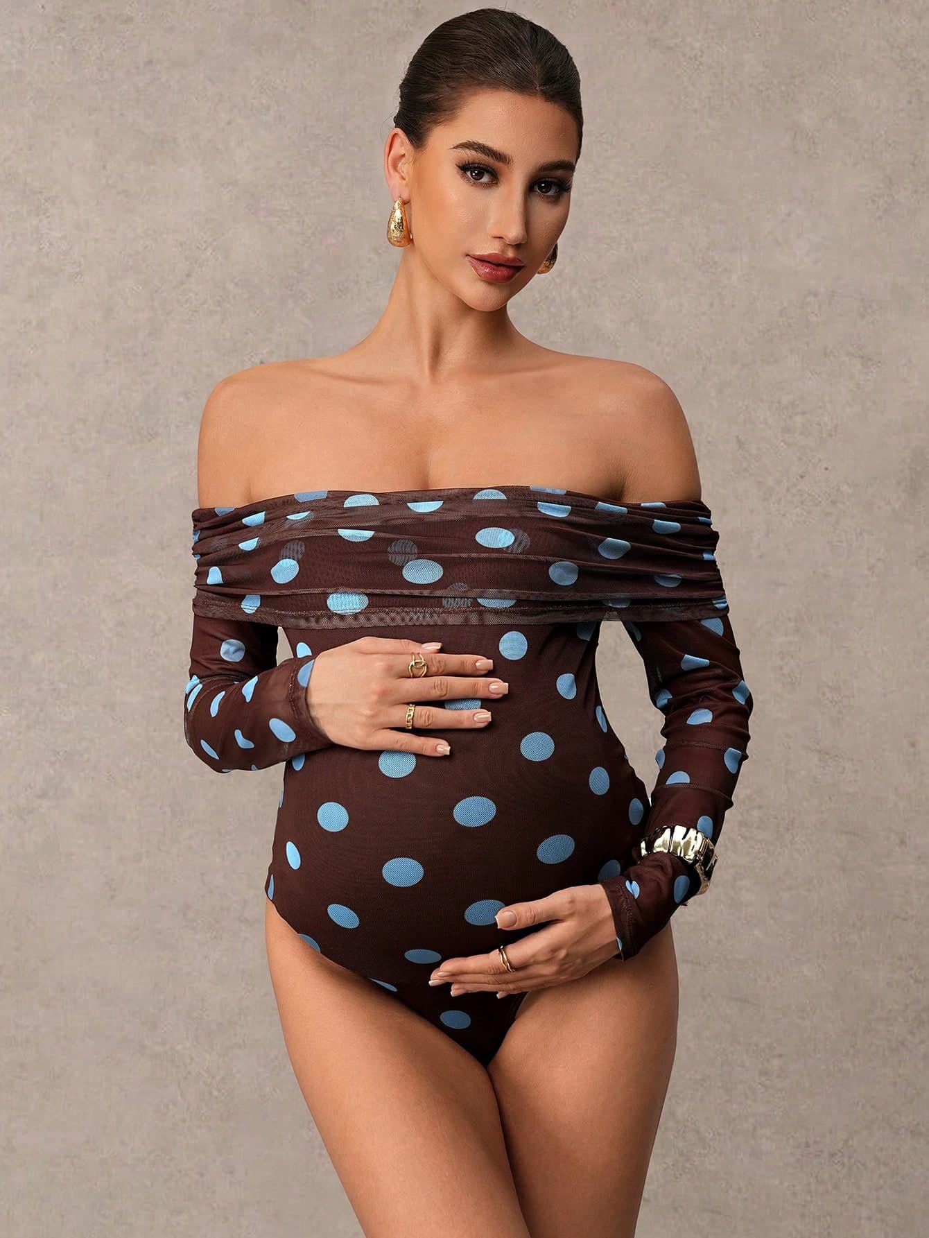 MaterniChic Maternity Autumn Vintage Polka Dot Print Off-Shoulder Ruched Long Sleeve Jumpsuit Photoshoot