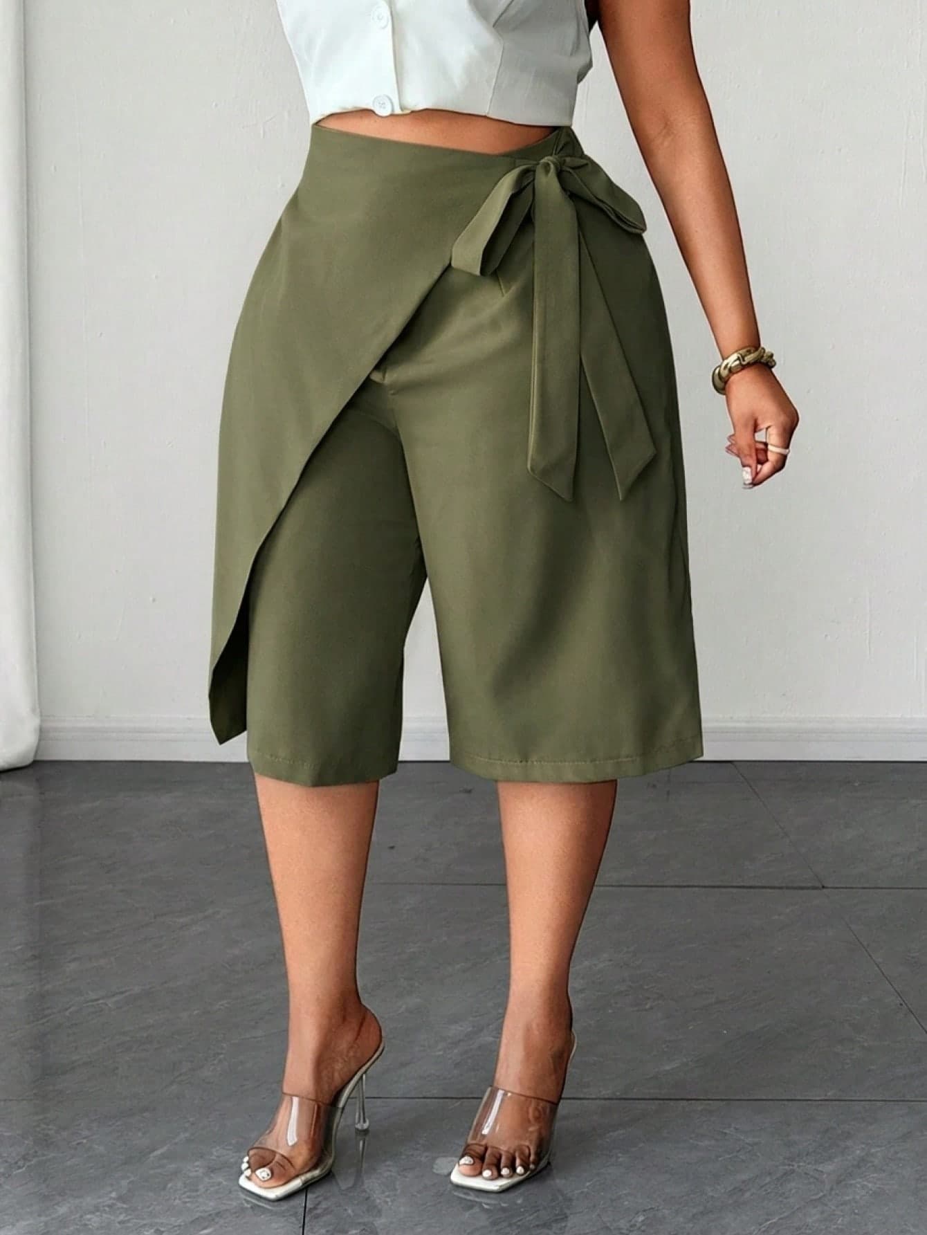 Maweii Plus Size Women High Waist Asymmetrical Drawstring Bermuda Shorts