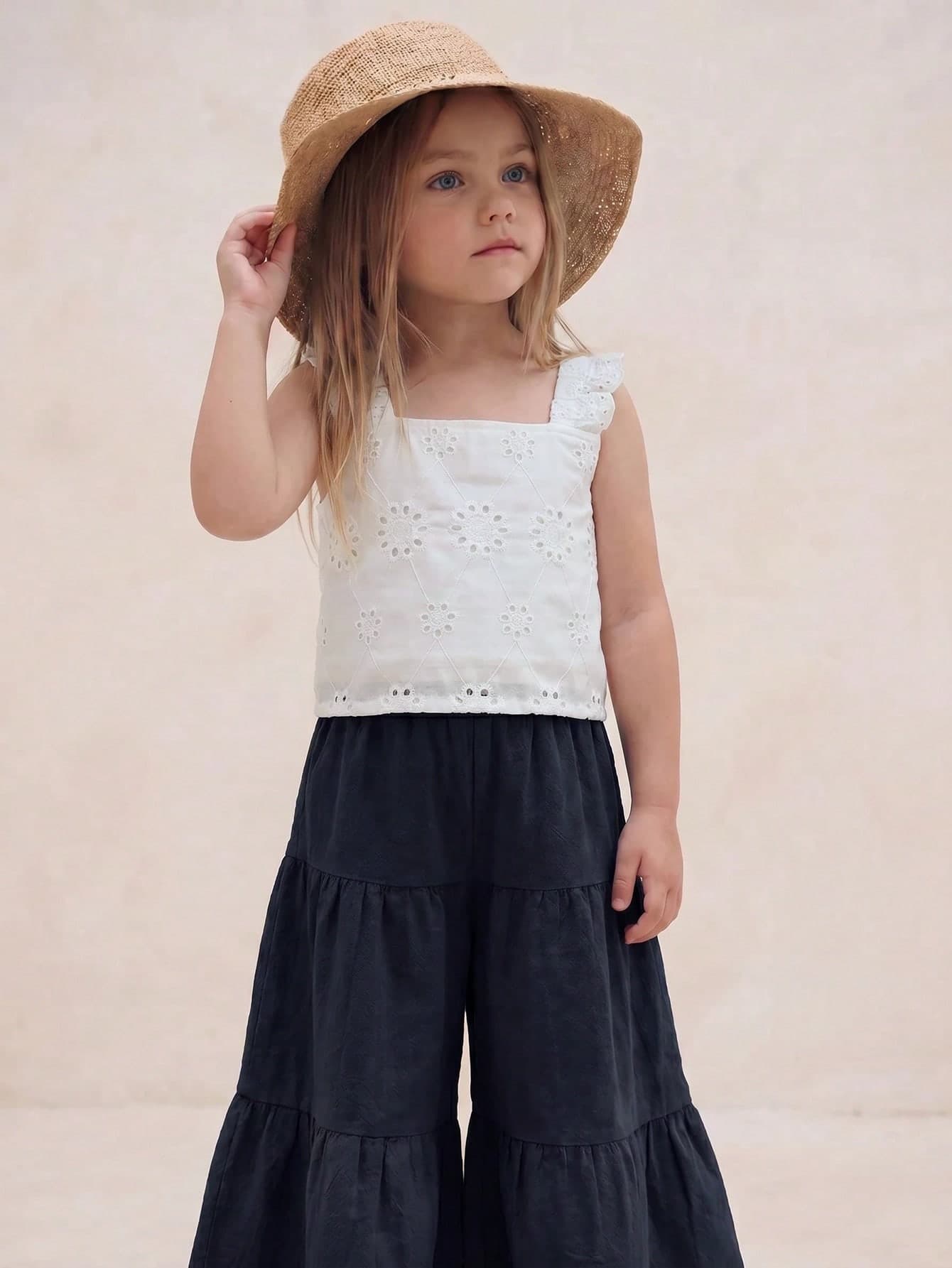 Emery Rose Kids Emery Rose Kids 2pcs Young Girl Woven Solid Color Square Neck Ruffle Trim Casual Camisole And Long Pants Set