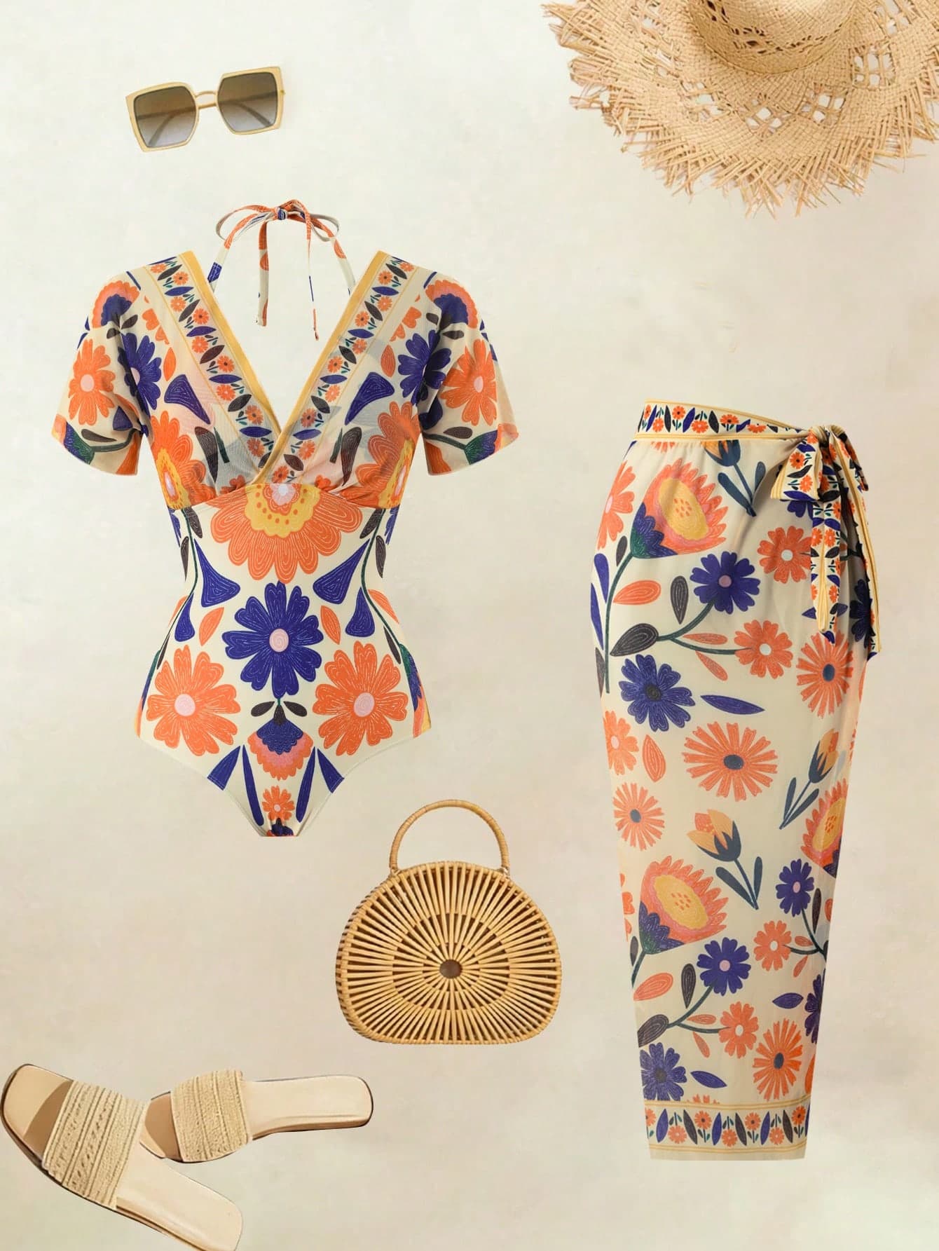 Swim Oasis Beige Summer Boho Beach Holiday Plus Size Multi-Color Printed Halter Tankini Set With Criss-Cross Mesh Overlay,Adjustable Straps Swimsuit