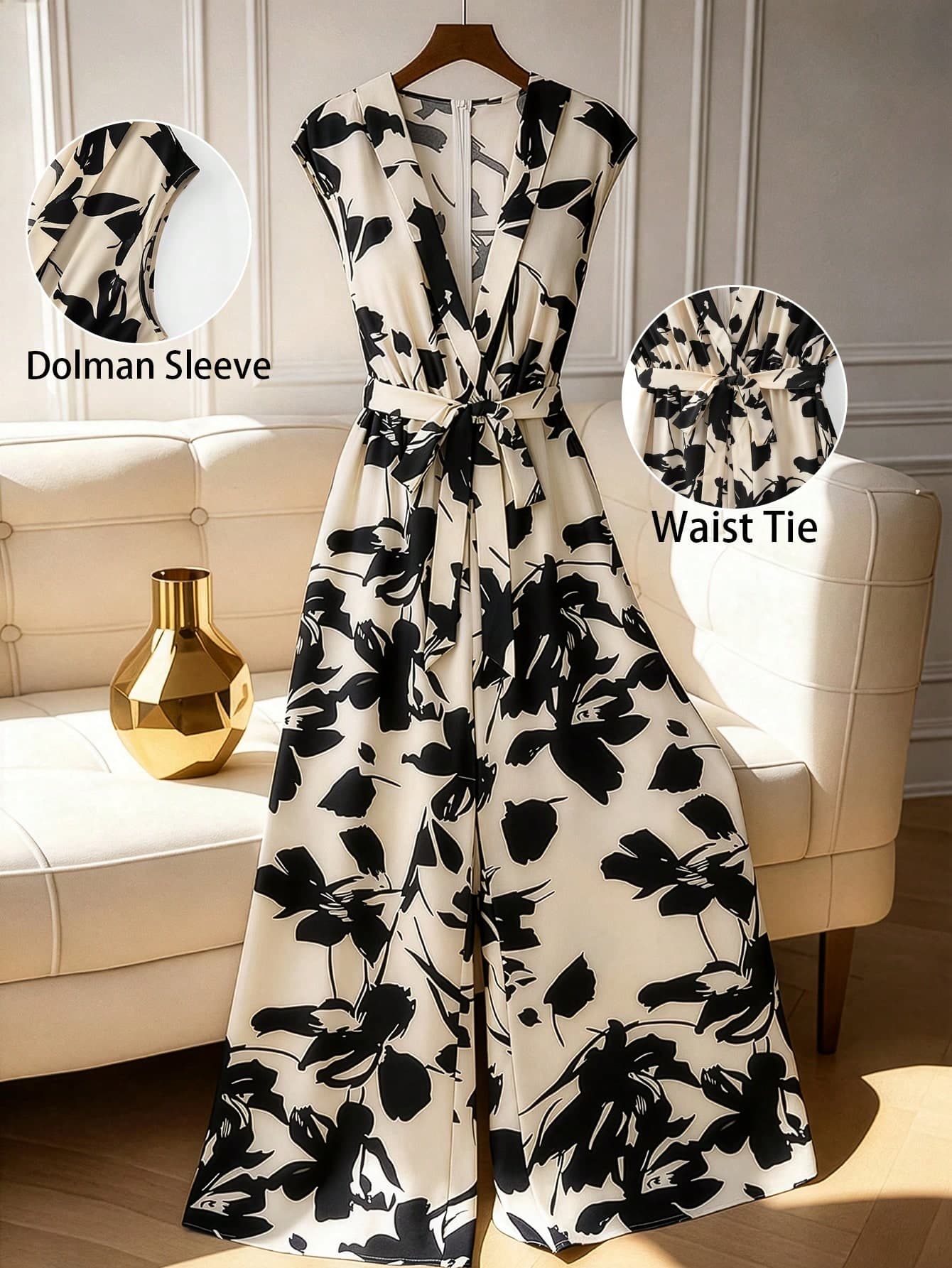 GlowEve CURVE Women's Summer Jumpsuit With Waist Cinching, Wide Leg Pants Set, Botanical Print Romper