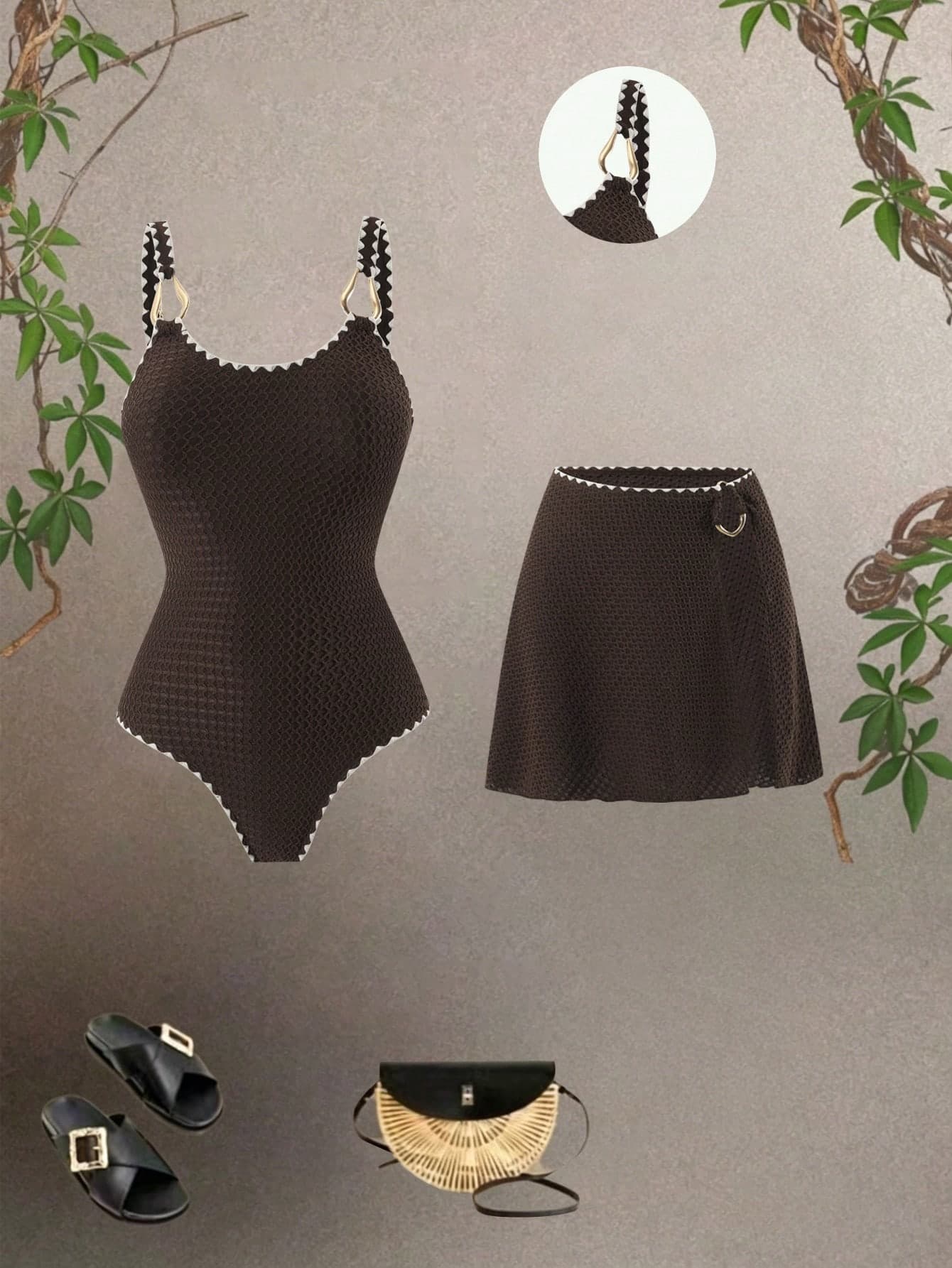 Swim Oasis 2026 New Plus Size Knit Jacquard U-Neck One-Piece Swimsuit With Gold Metal Decor Waist&High-Waist Short Skirt,Elegant Summer Tropical Beach Holiday