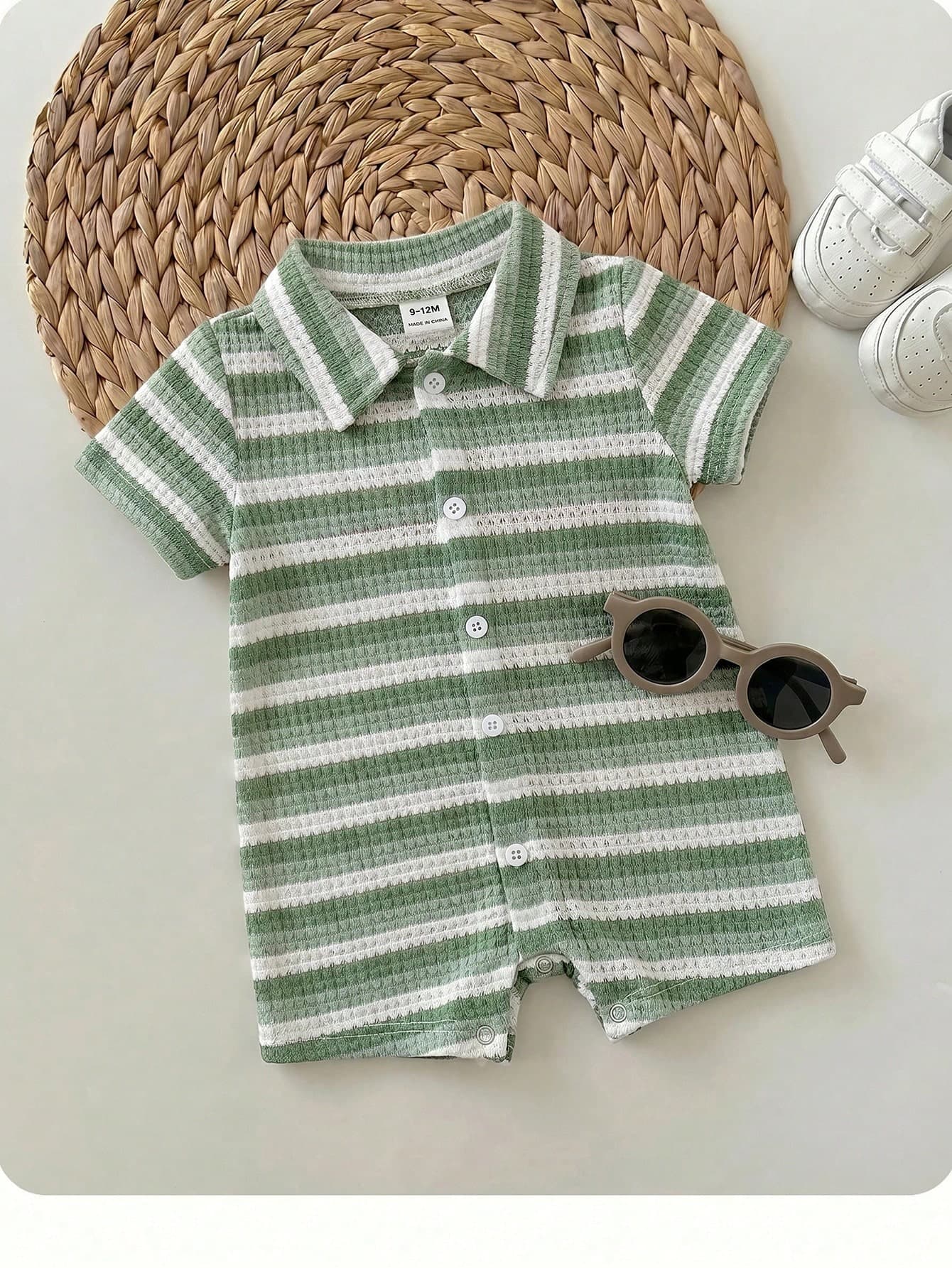 Newborn Baby Boy Summer Cute Knitted Green And White Striped Short Sleeve Romper,Casual Vacation Style For Birthday Party,Baptism And 1st Birthday