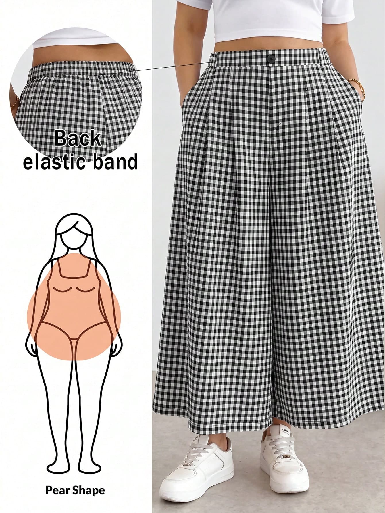 Shapeblank Plus Size Women's Spring/Summer Fashion Casual Loose Comfortable Daily Basic Versatile Slimming Black And White Plaid Elastic Waist Wide Leg Cropped Pants Skort, Women's Bottoms, Minimalist Style, Loose Pants, Outing Outfit, Airport Outfit