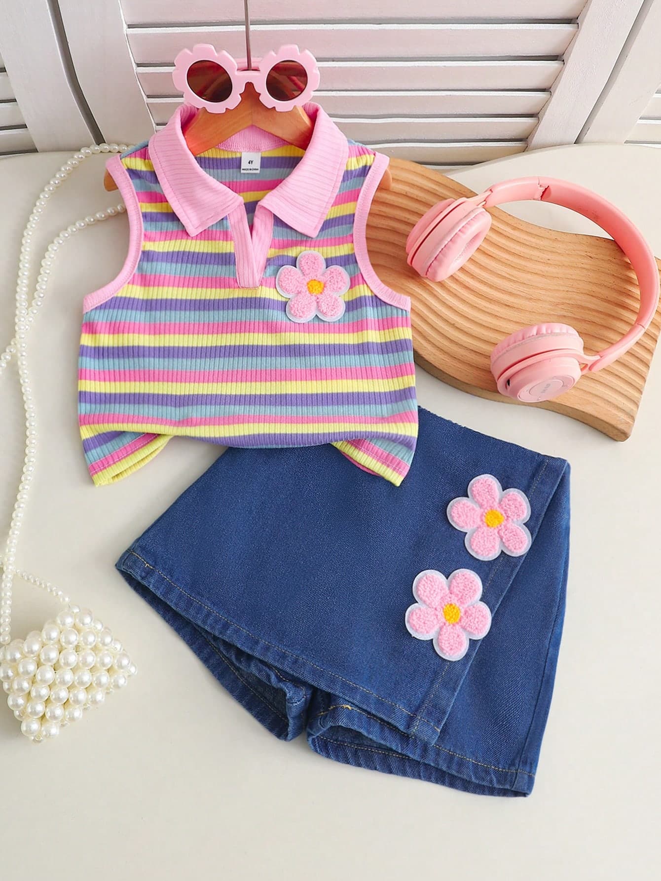 Genkimix Kids 2pcs/Set Girls Young Summer Colorful Knit Fabric Collar Patchwork Floral 3D Decor Vest Top + Denim Skort Vintage Cute Outfit