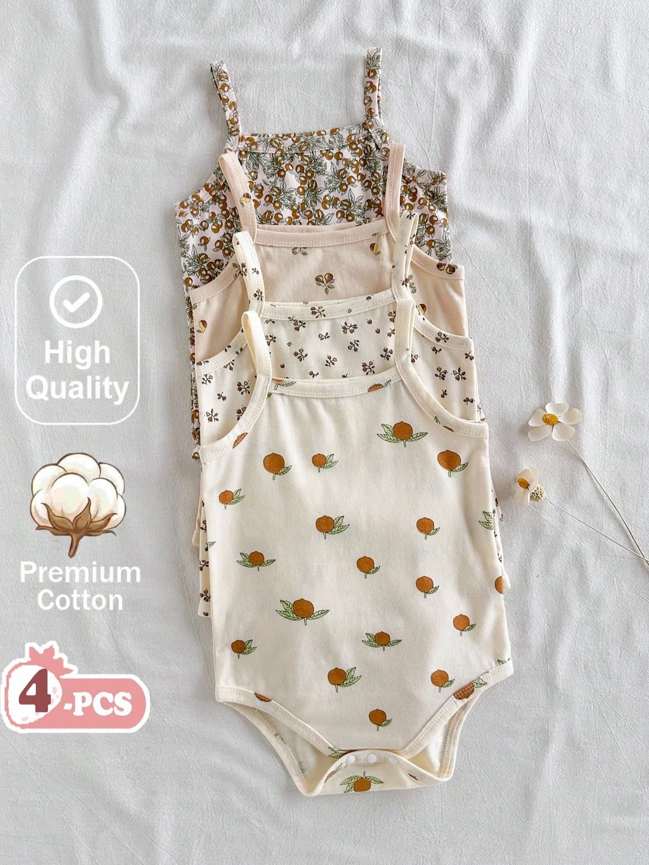 Vintaside Kids 4pcs/Set Baby Girl Floral Print Spaghetti Strap Casual Romper