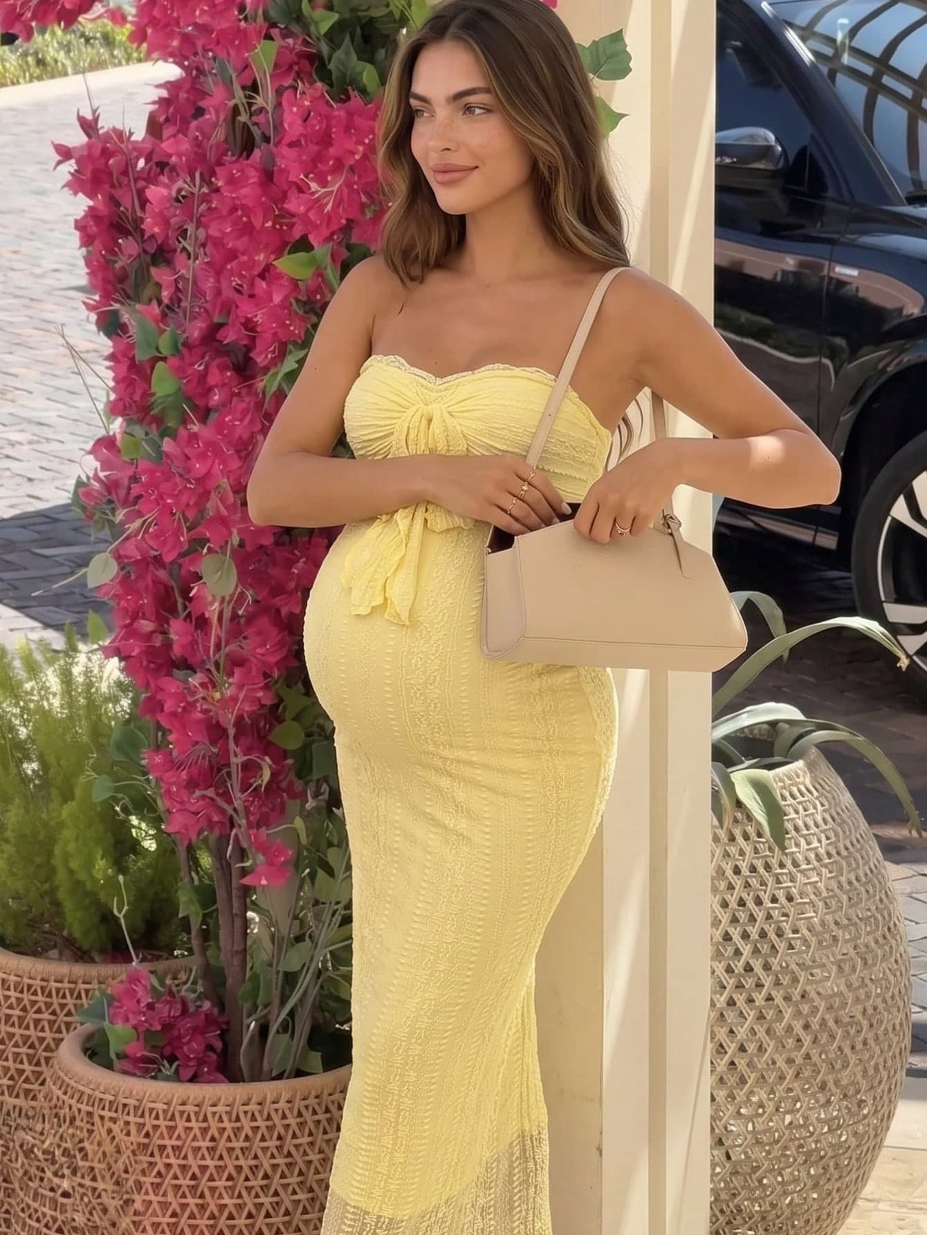 SHEIN Pregnant Women's Solid Color Ruched Lace Patchwork Elegant Strapless Dress