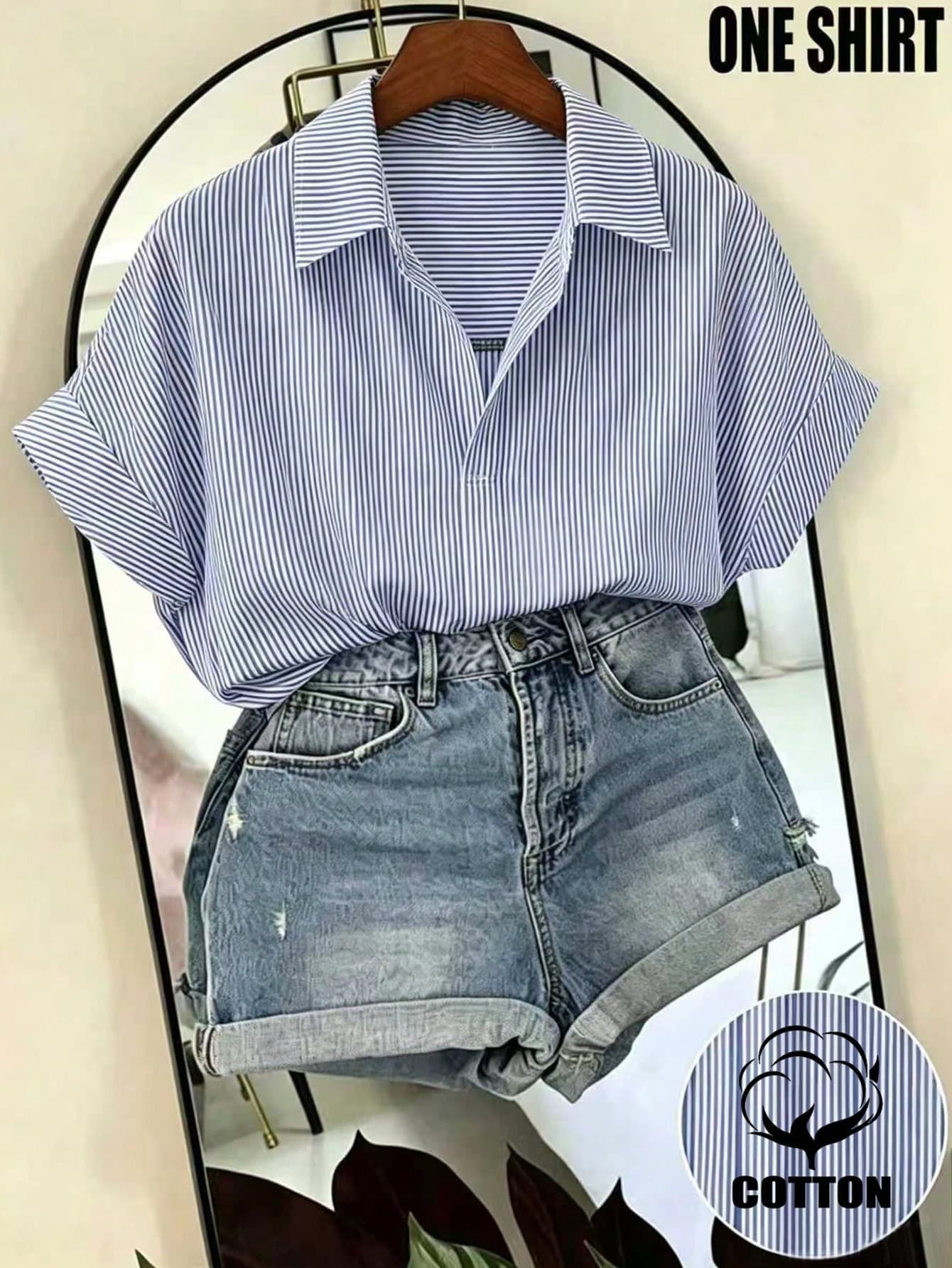 Franclia Women's Blue And White Stripe Blouse,French Design Loose Batwing Sleeve Short Sleeve Top,Fashionable Casual Summer Vacation Shirt, Y2K Outing