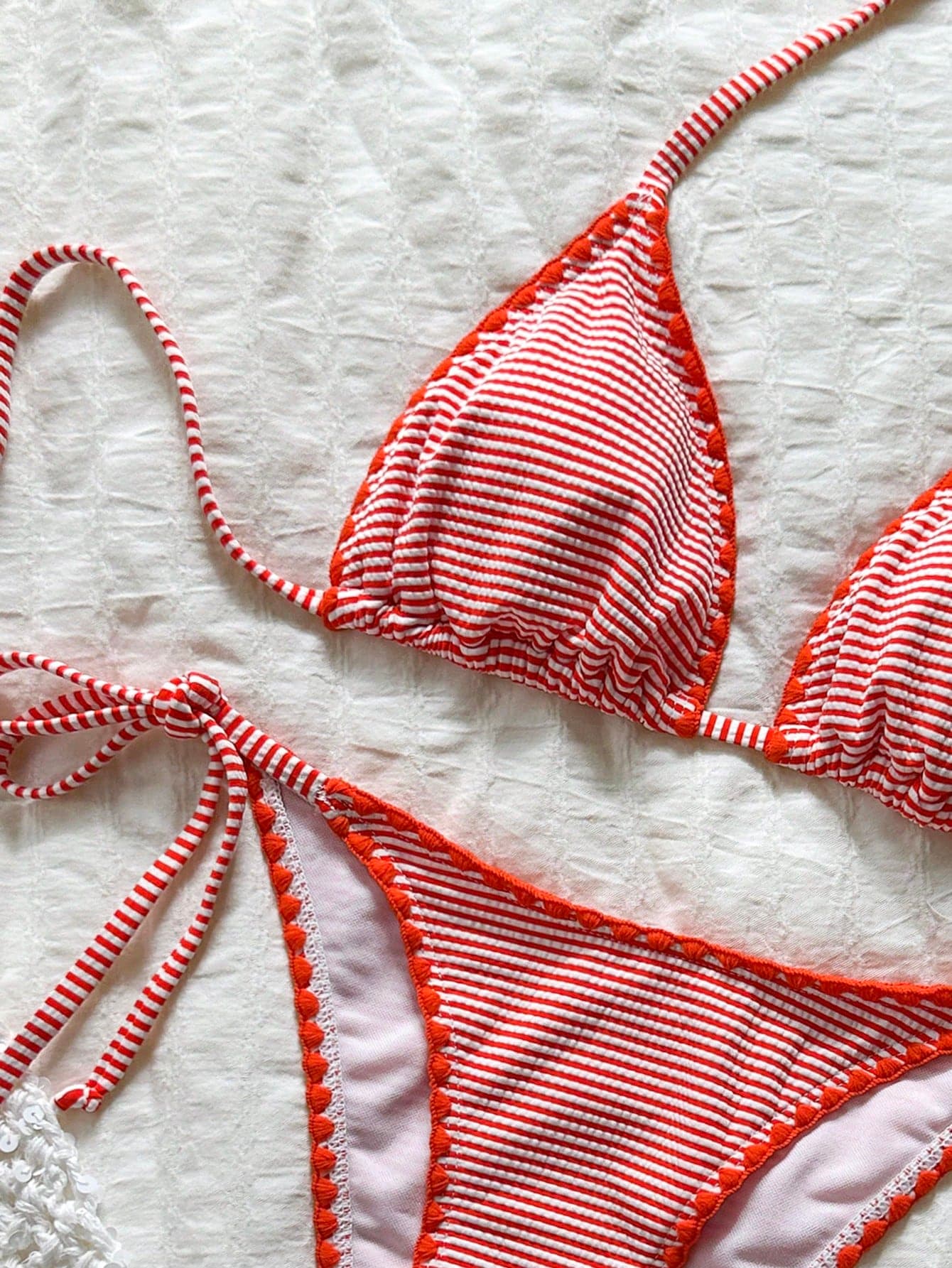 Swim Mod Women's Plaid Jacquard Halter Bikini Set, Spring/Summer Beach Vacation Red And White Striped Tropical