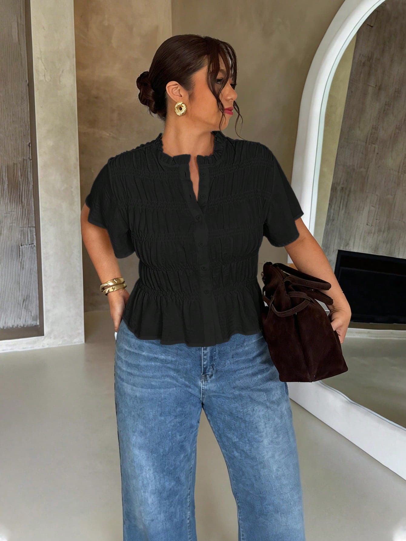 Firerie Plus Size Women Textured Single-Breasted Waist Cinched Casual Vacation Shirt