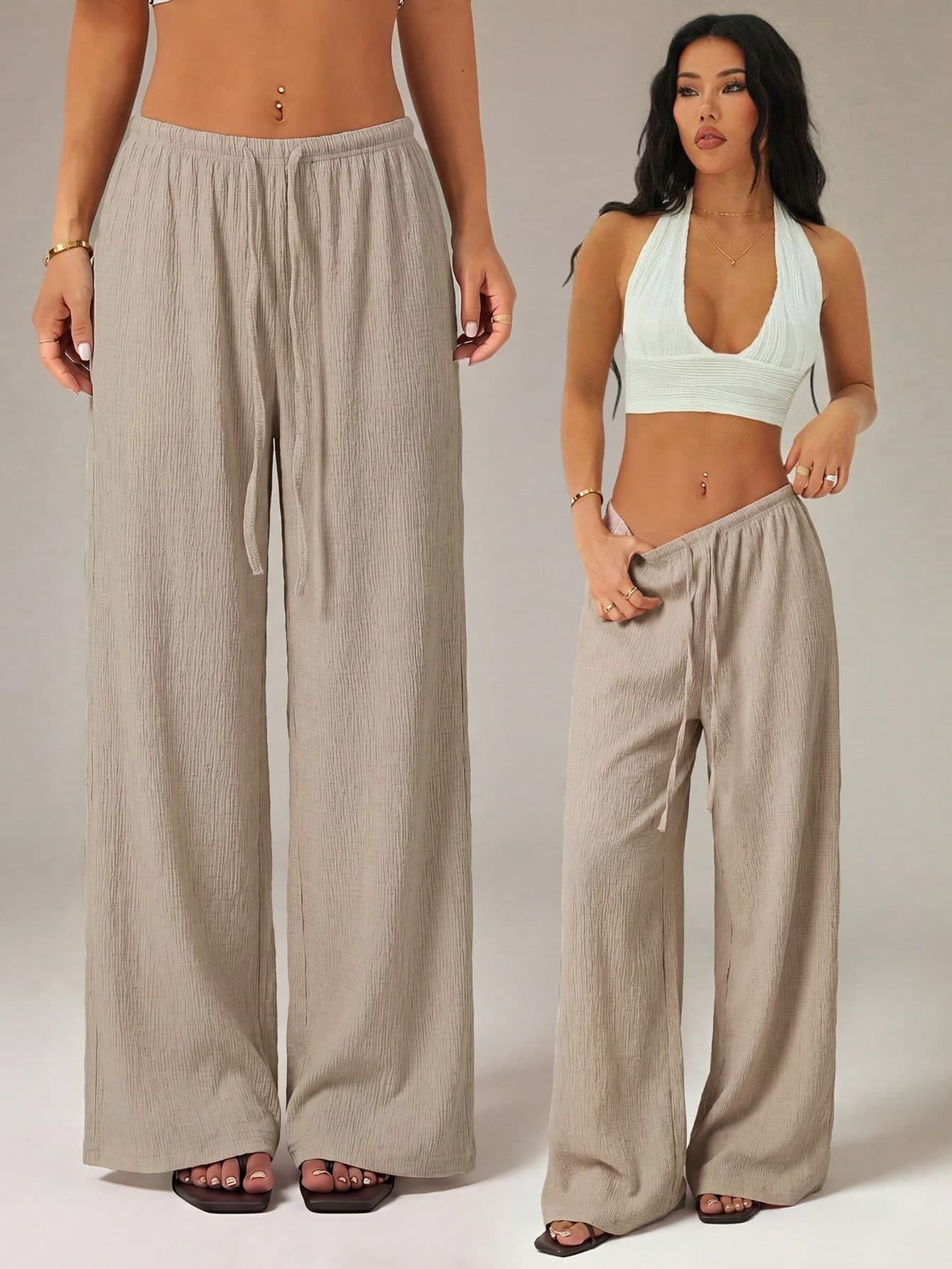 SHEIN PETITE Women's Solid Color Tie Waist Wide Leg Loose Casual Versatile Pants ,Petite Women