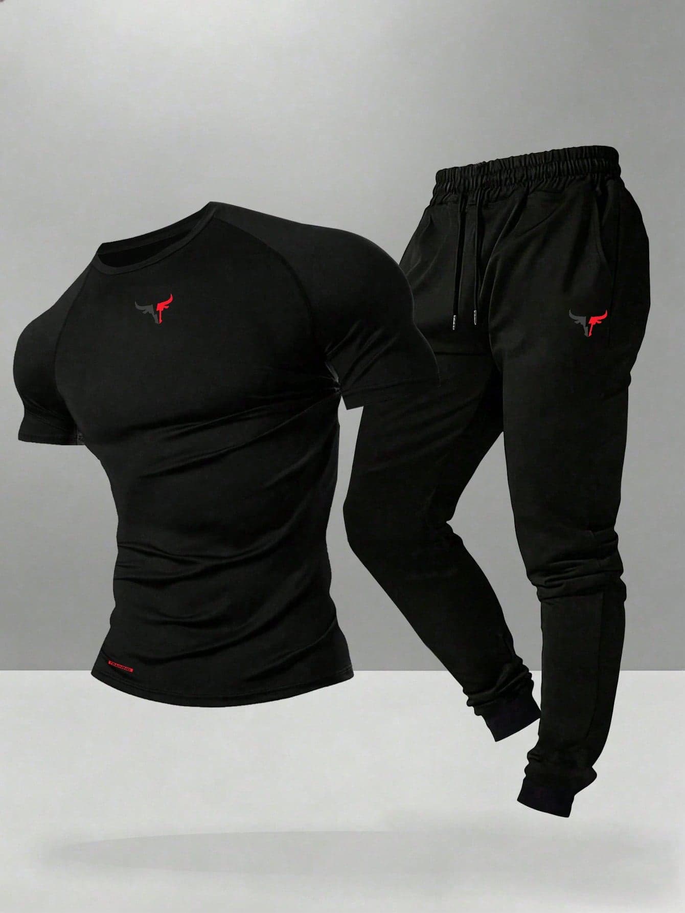 Gym Rark Men's Bull Horn Print Round Neck Short Sleeve T-Shirt And Drawstring Waist Pocket Pants Sports Suit, Gym