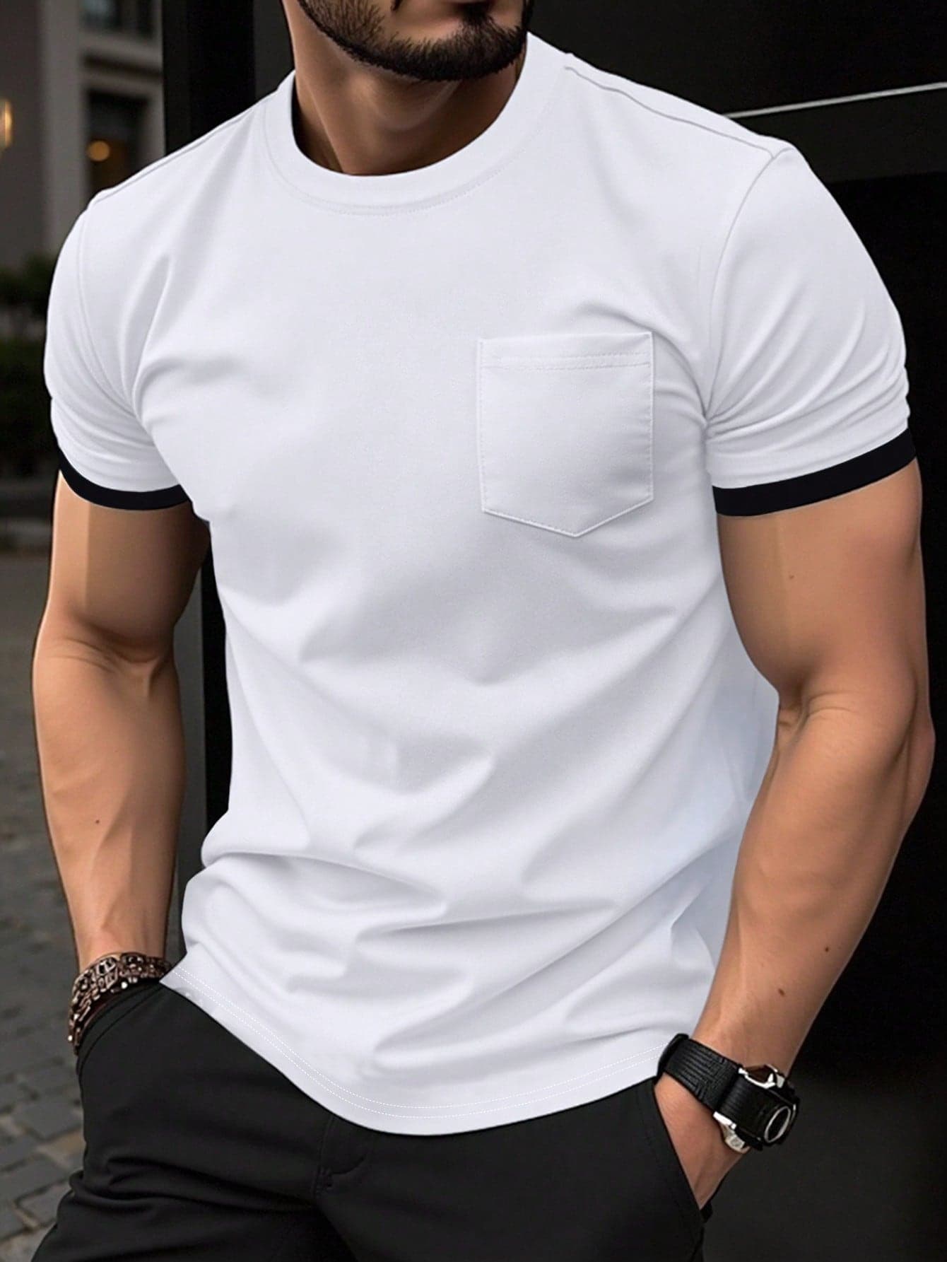 Manfinity Homme Men's Casual Daily Commute Simple Contrast Trim Pocket Short Sleeve T-Shirt, Summer, Holiday