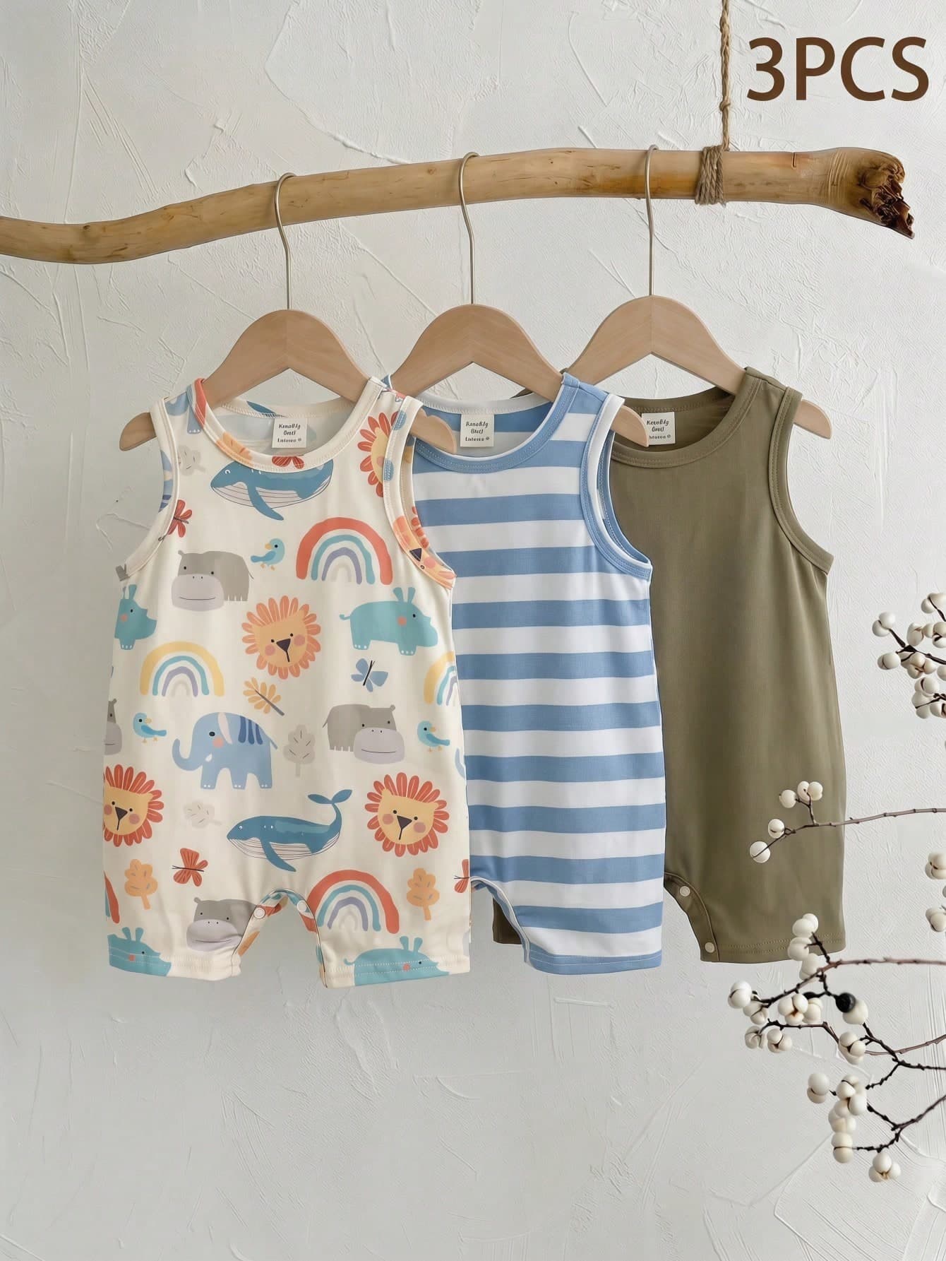 SHEIN 3pcs/Set Baby Boy/Girl/Unisex Casual Cute Cartoon & Striped Rompers, Summer Basic Jumpsuit Multi-Pack, Infant Onesies