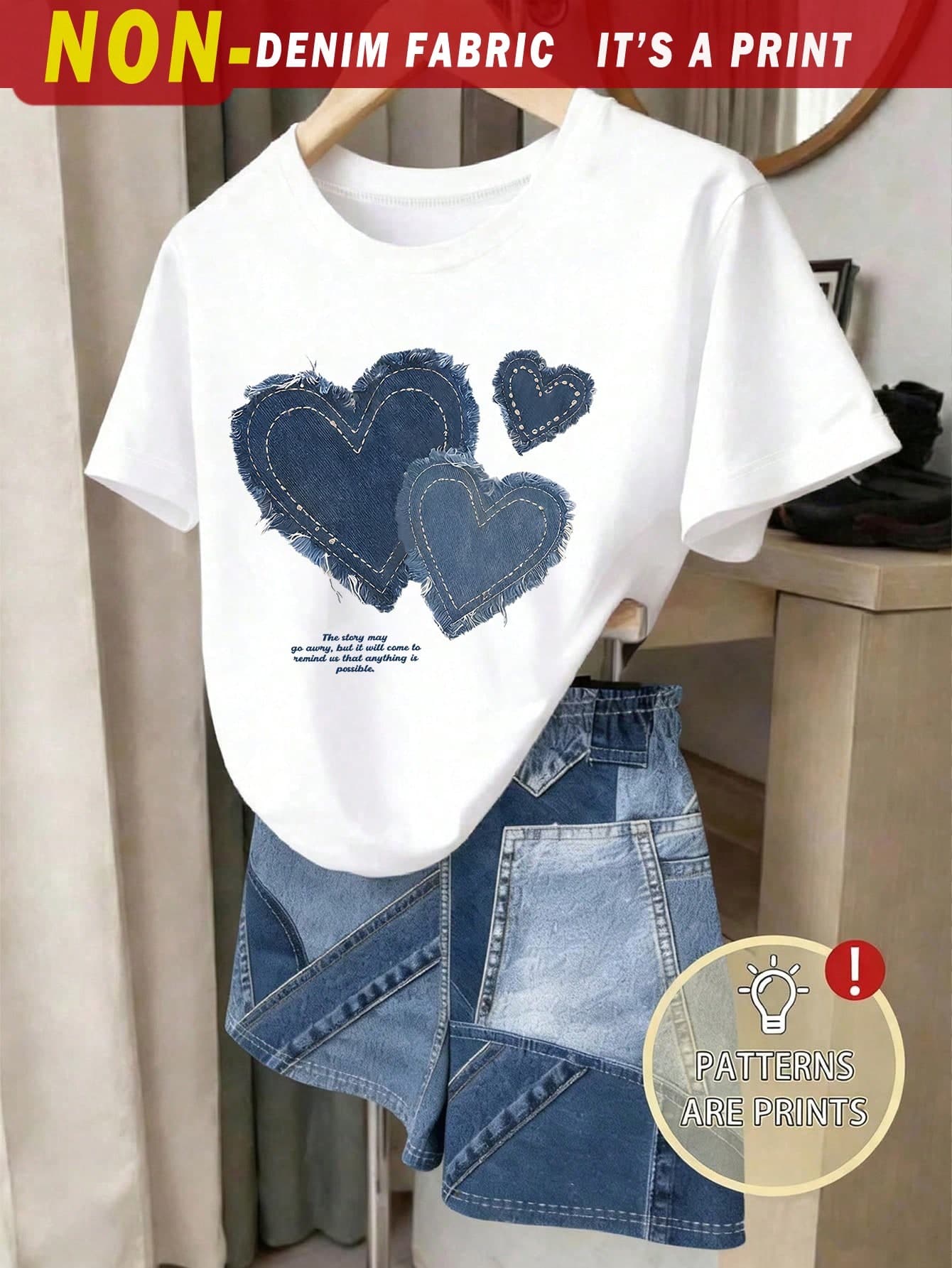 2pcs/Set Teenage Girls Graphic Print T-Shirt And Shorts Set, Casual Street Style Heart Pattern Retro Denim Effect, Comfortable Versatile Daily Wear