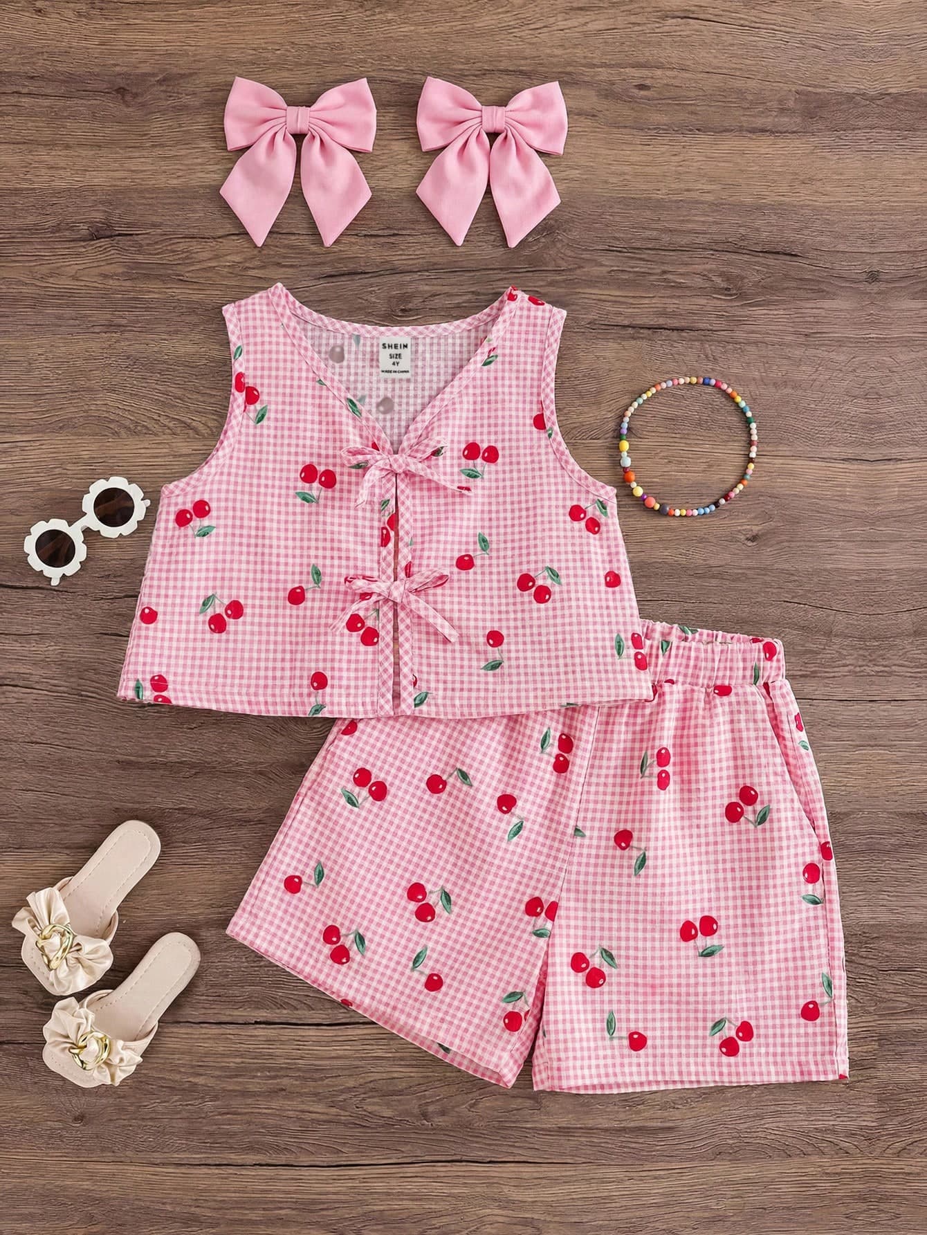 Emery Rose Kids Emery Rose Kids 2pcs Young Girl Cherry Plaid Round Neck Top And Woven Shorts Set
