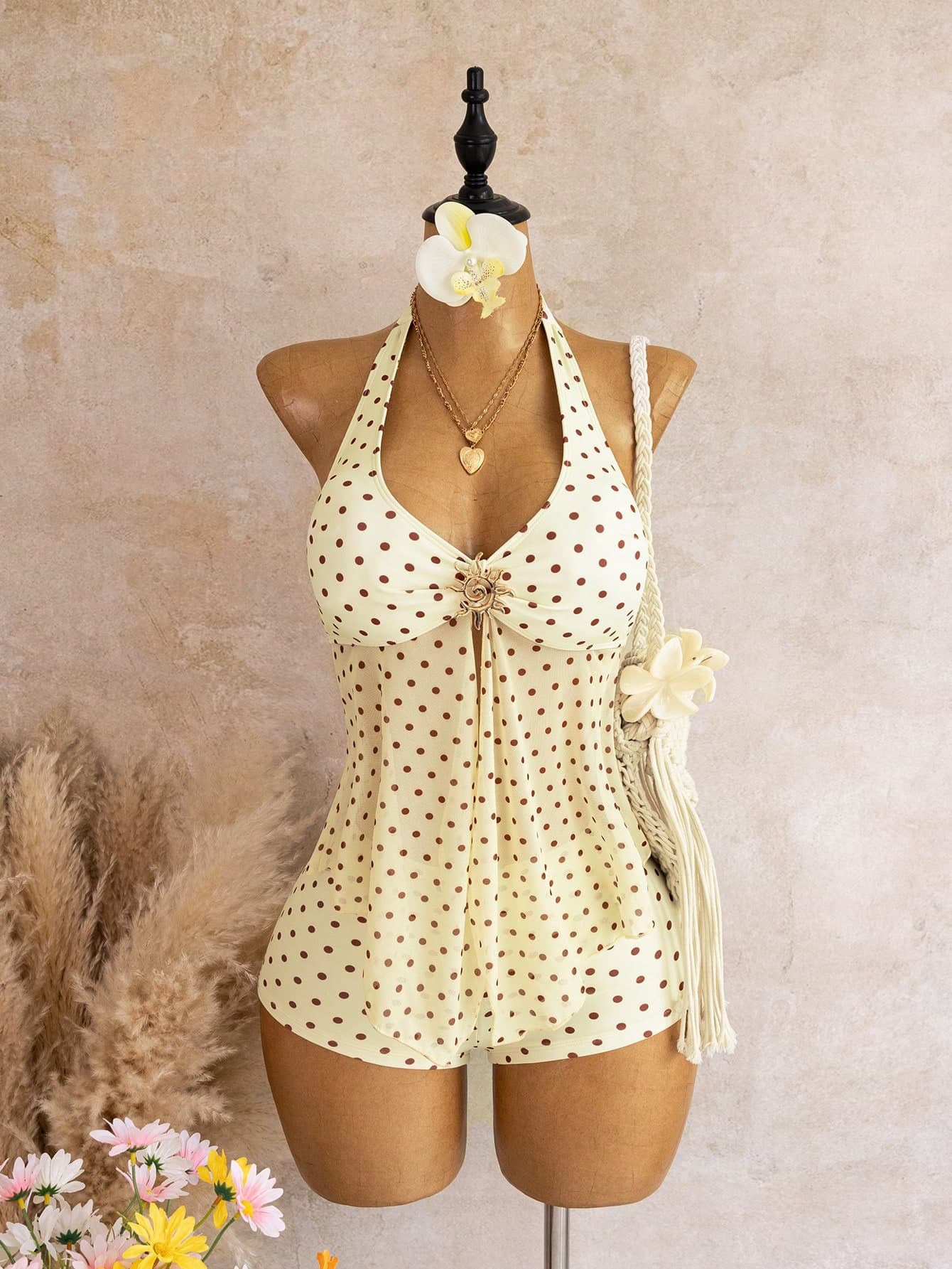 Bellisia Swim Chic Sea French Elegant Halter Neck Tankini Swimwear With Metal Decor And Mesh Splice, Vacation Style