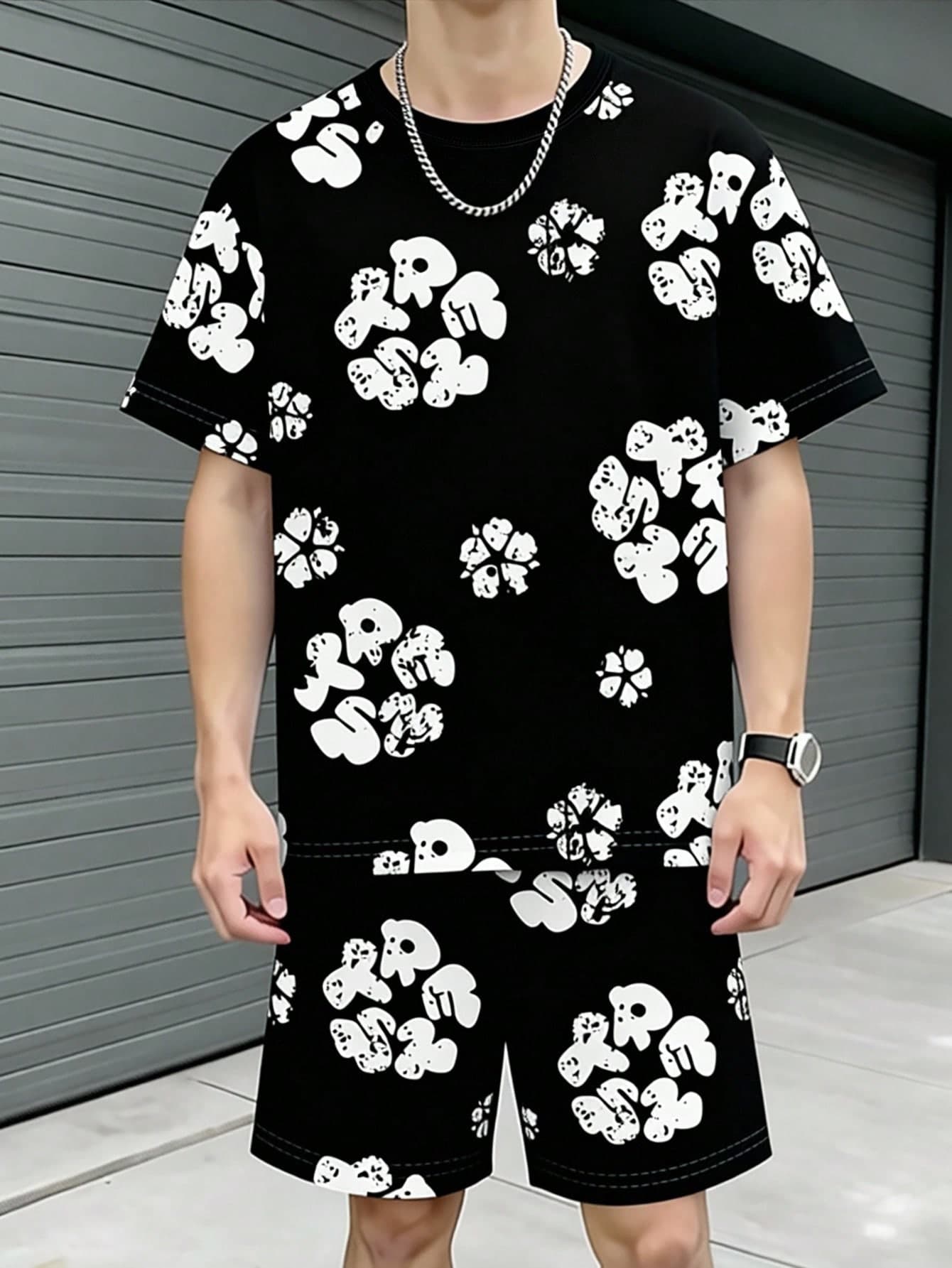 Teen Boys Digital Floral Silhouette Print Short Sleeve Shirt And Shorts Set, Spring/Summer Casual Comfortable Fashion Style