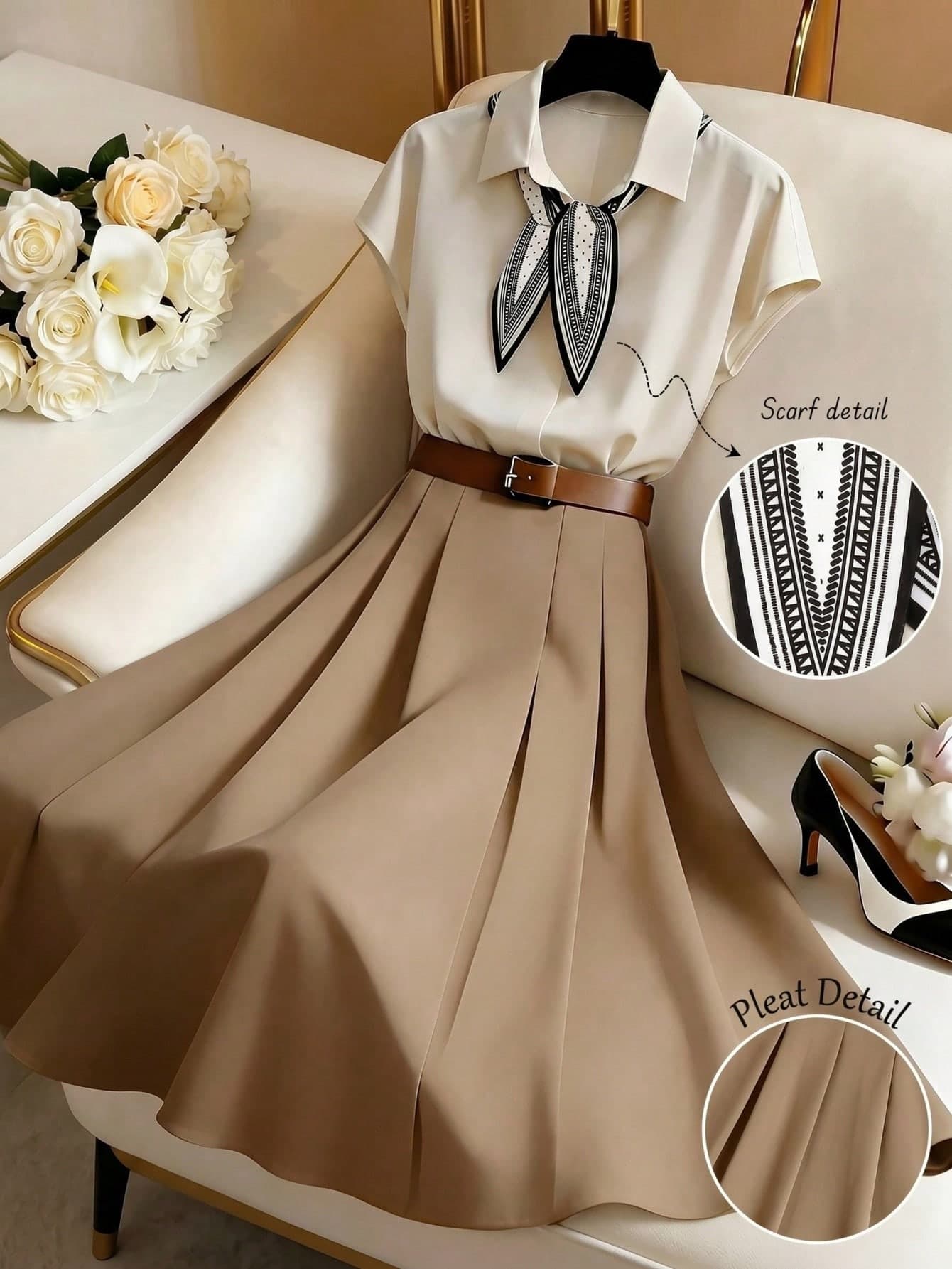 GlowEve Women's Elegant Summer Khaki Tea Party 2-Piece Set,French Commuter Chiffon Blouse With Batwing Scarf Tie Collar And Pleated Skirt (Excluding Belt)