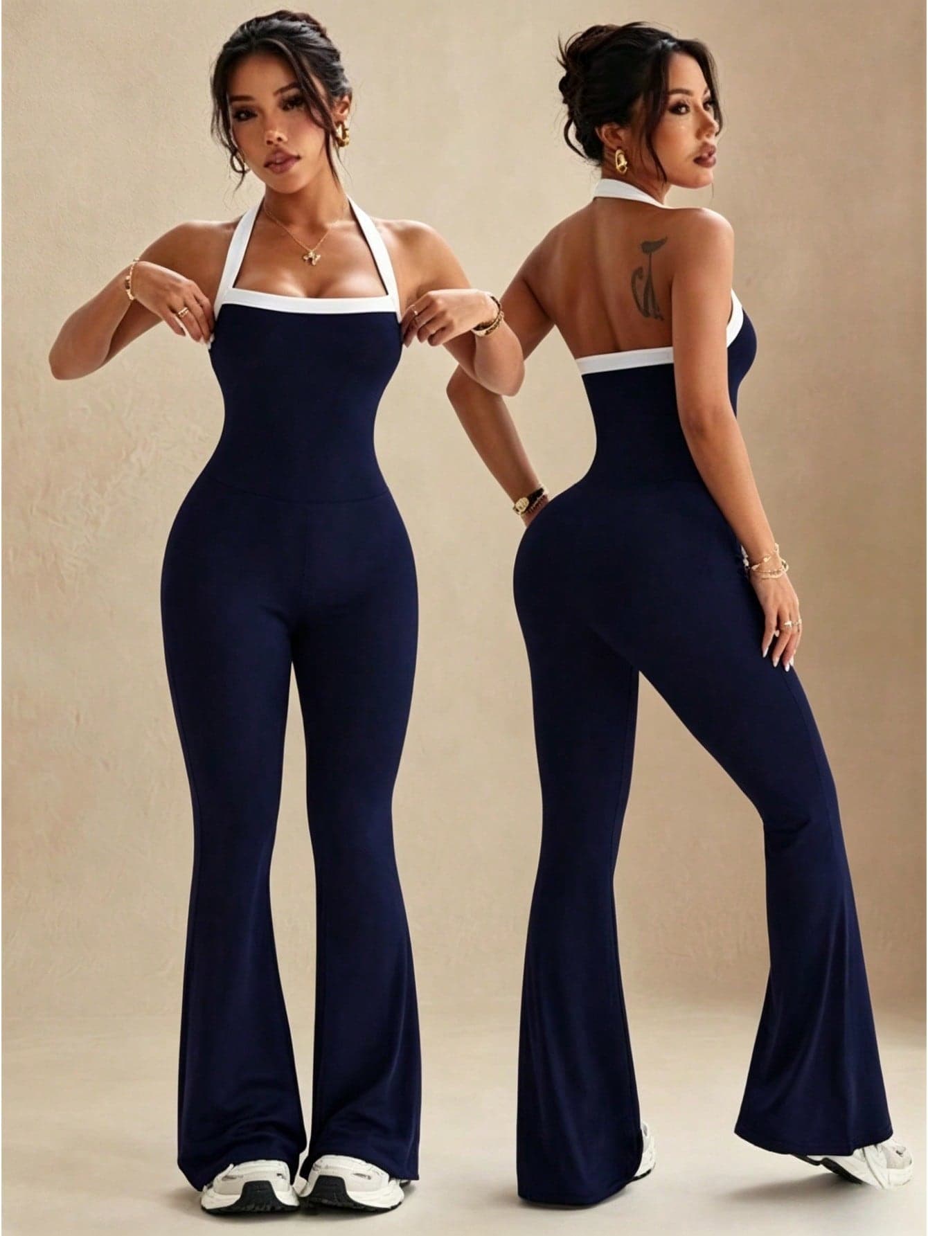 Glamine Women's Yoga Outdoor Fitness Jumpsuit, Spaghetti Strap Contrast Color Backless Tank Top & Tight Flare Pants Sports