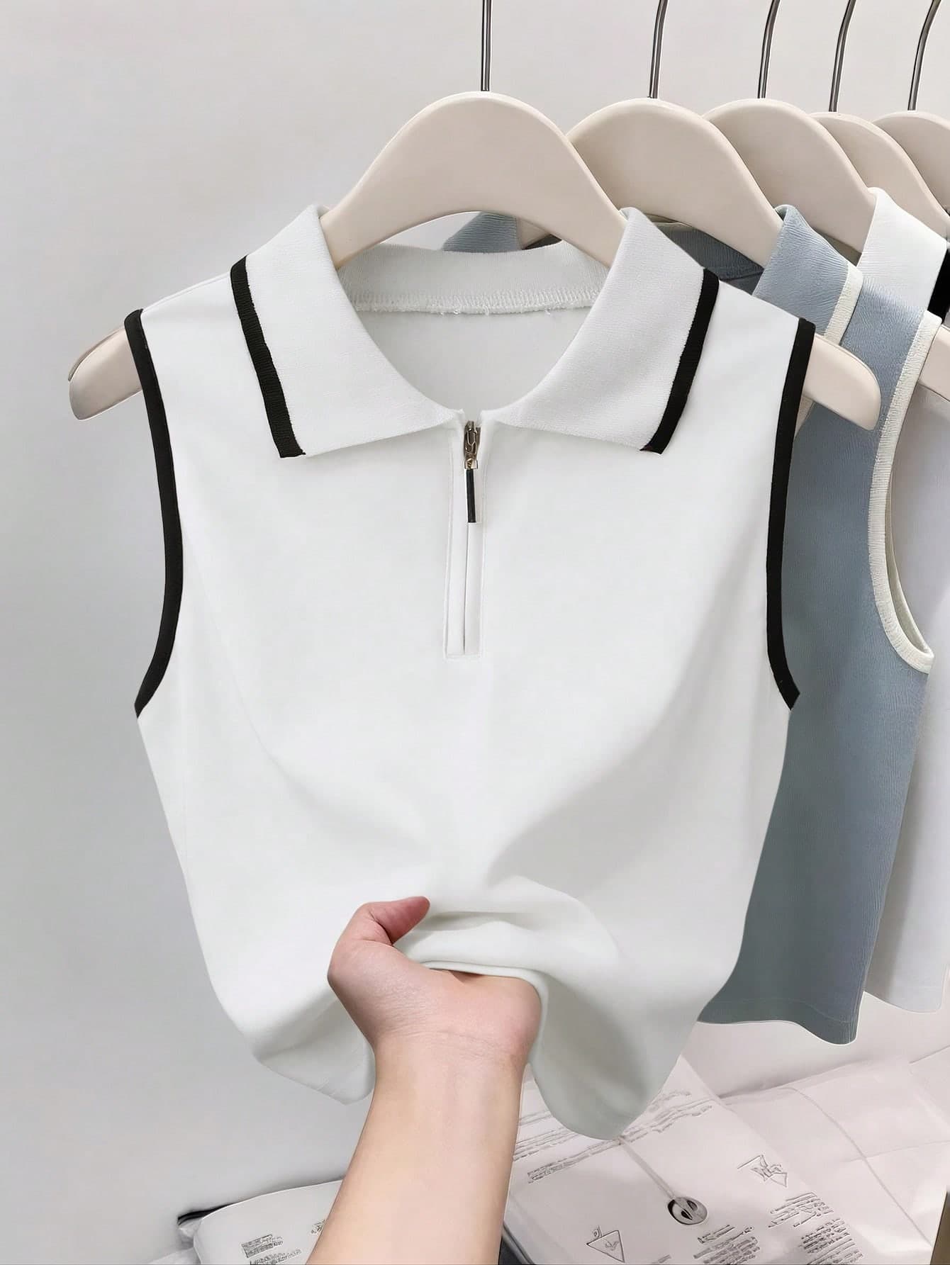 GlowEve Color Block Casual Streetwear Commuting Work Fashion Knit Comfortable Polo Collar Top For Women, Petite Women Back-To-School White And Black Summer