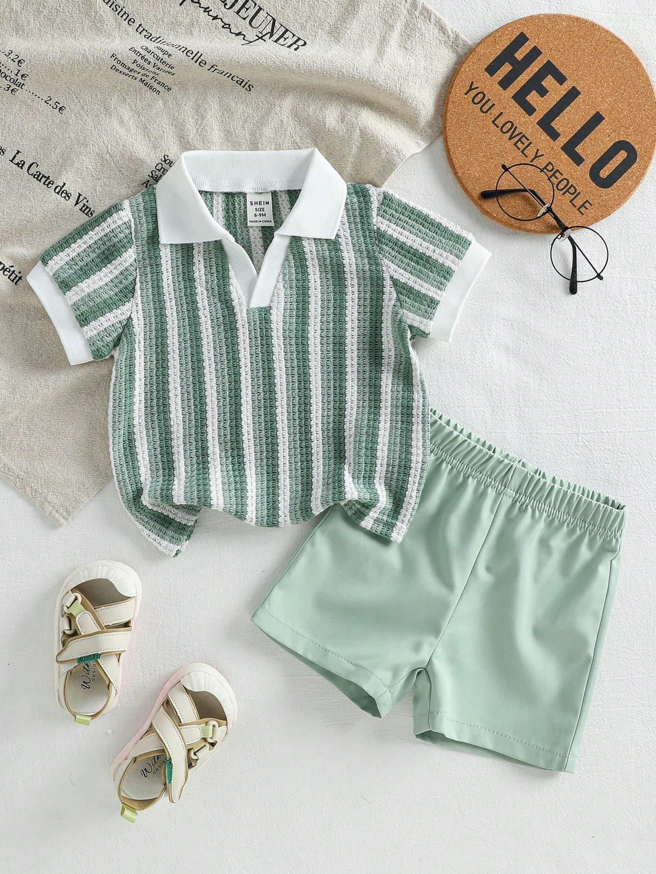 SHEIN Playful Pals Baby Boy Summer Fashion New Colorful Vintage Striped Textured Polo Shirt And Shorts Set, Stylish And Handsome, Comfortable Fabric, Perfect For Daily Wear, Outdoor Activities And Back To School