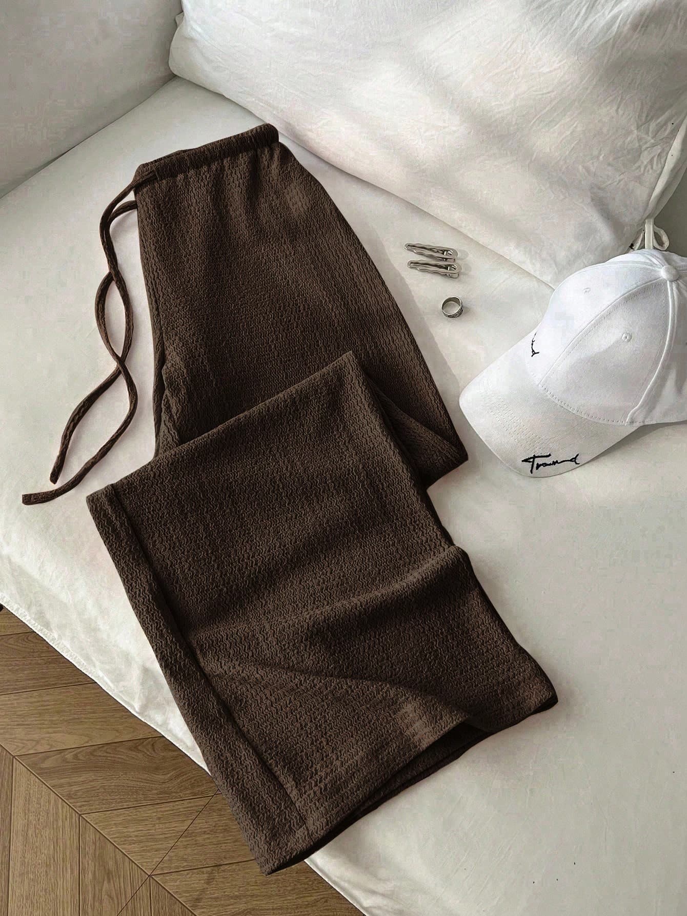 SHEIN Tall Women's Vintage Textured Relaxed Fit Low Waist Casual Pants, Solid Color Straight Leg Trousers For Autumn Home Coffee Brown, Tall Women