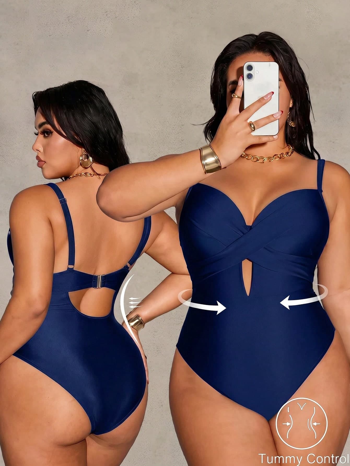 Shapewave Plus Size Solid Color Backless Strap One-Piece Swimsuit