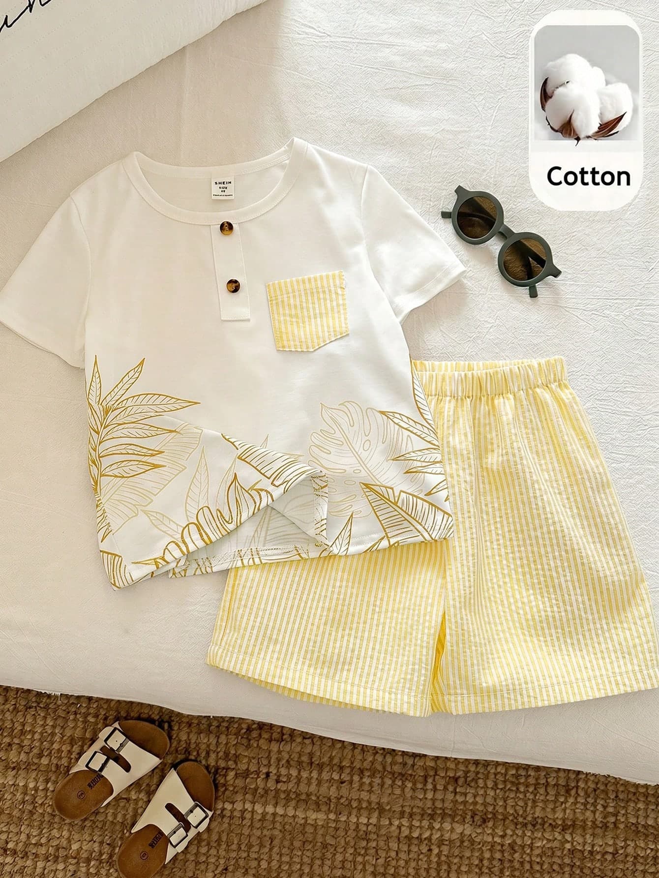 SHEIN 2pcs/Set Young Boy Spring/Summer Casual Fashionable Vacation Style Plant Pattern Short Sleeve T-Shirt And Striped Shorts Set,Baby Outfit Sets,Top