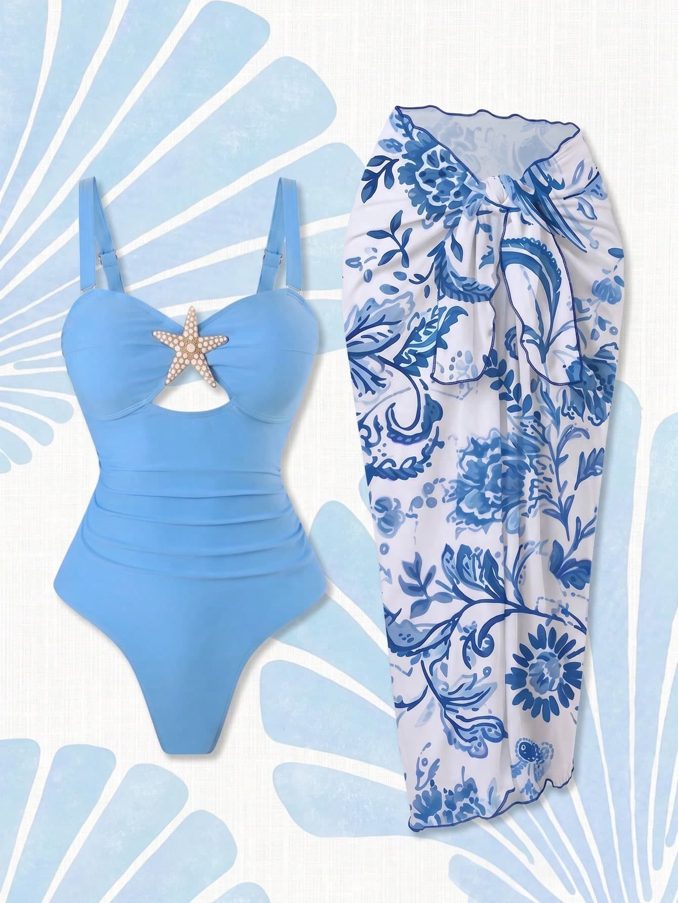 Swim Oasis 2026 New Plus Size Women Solid Color Metal Decor One-Piece Swimsuit With Printed Mesh Skirt, Minimalist Vacation & Daily Wear
