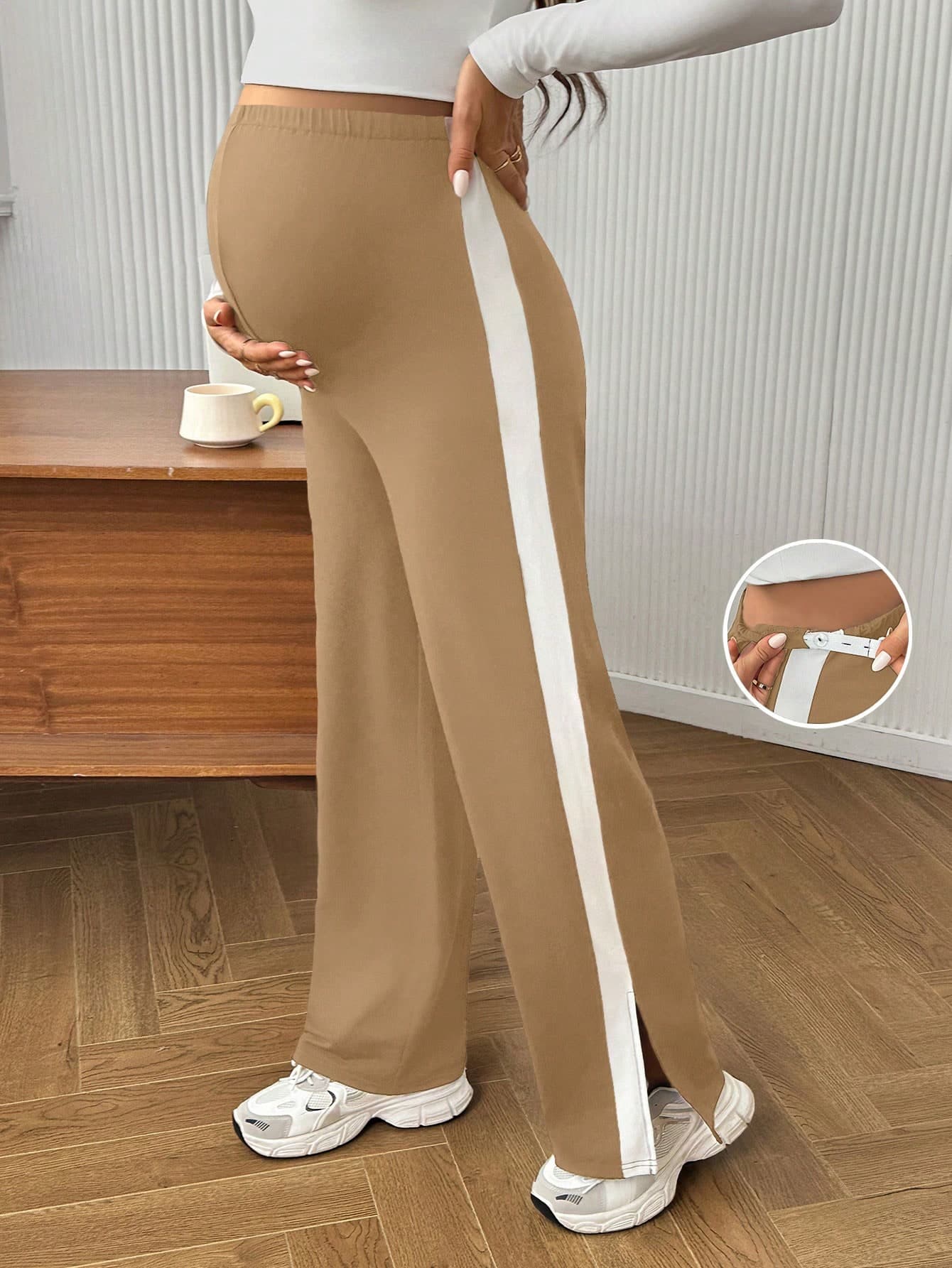 SHEIN Adjustable Waist Patchwork Color Casual Versatile Maternity Pants For Daily Wear Maternity Outfits Pregnancy Clothes Pregnant Outfits Postpartum
