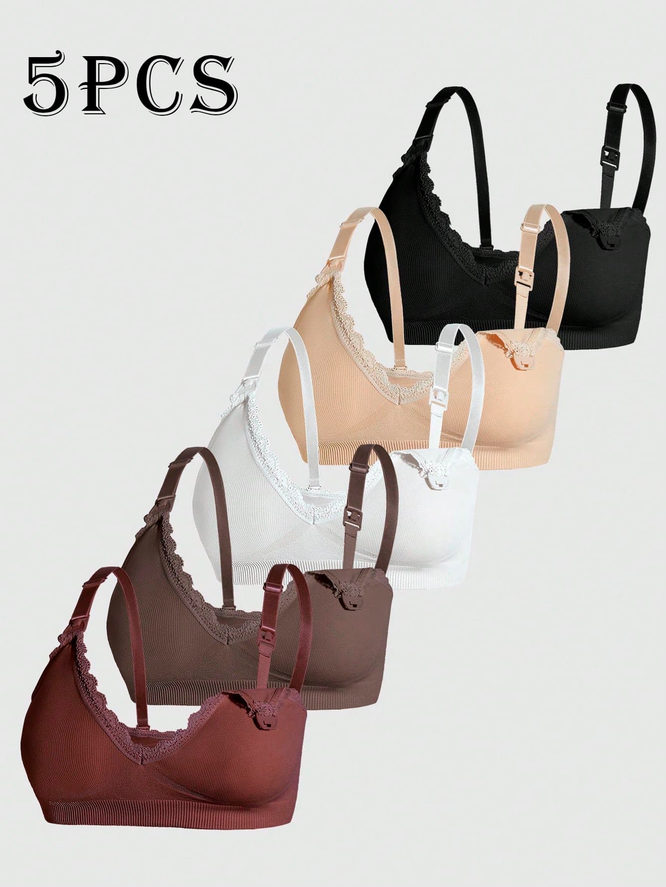 Moonlight&Mama 2026 Hot Selling 5pcs/Set Fashionable, Comfortable, Minimalist Solid Color Maternity & Nursing Bras, High Quality & Cost-Effective