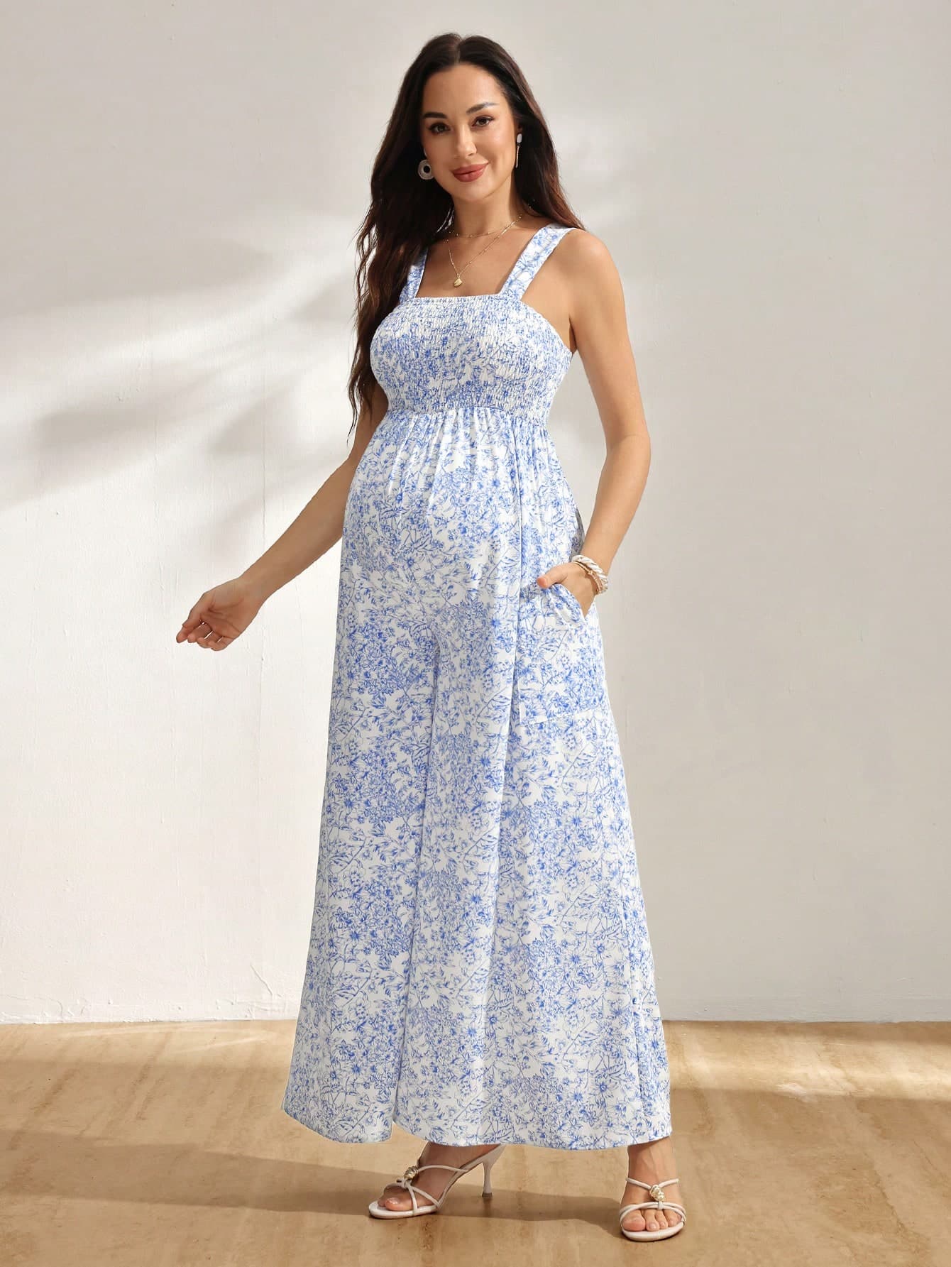 SHEIN Maternity Floral Print Pocket Loose Fit Jumpsuit Holiday Gender Reveal Baby Shower Photoshoot White Summer Pregnancy