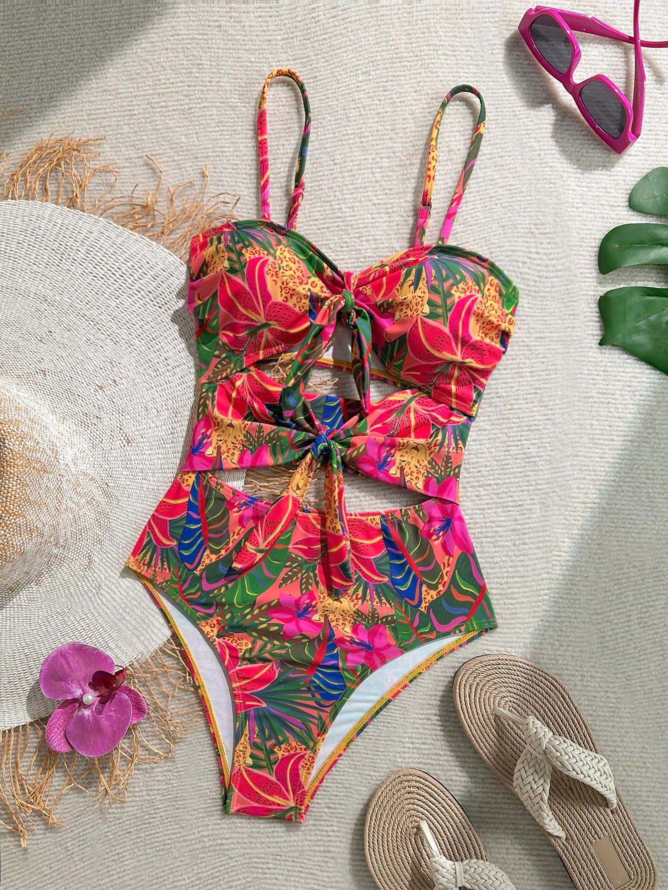 Soleia Plus Size Women Tropical Print Front Tie Bow One-Piece Swimsuit Bathing Suits For Women