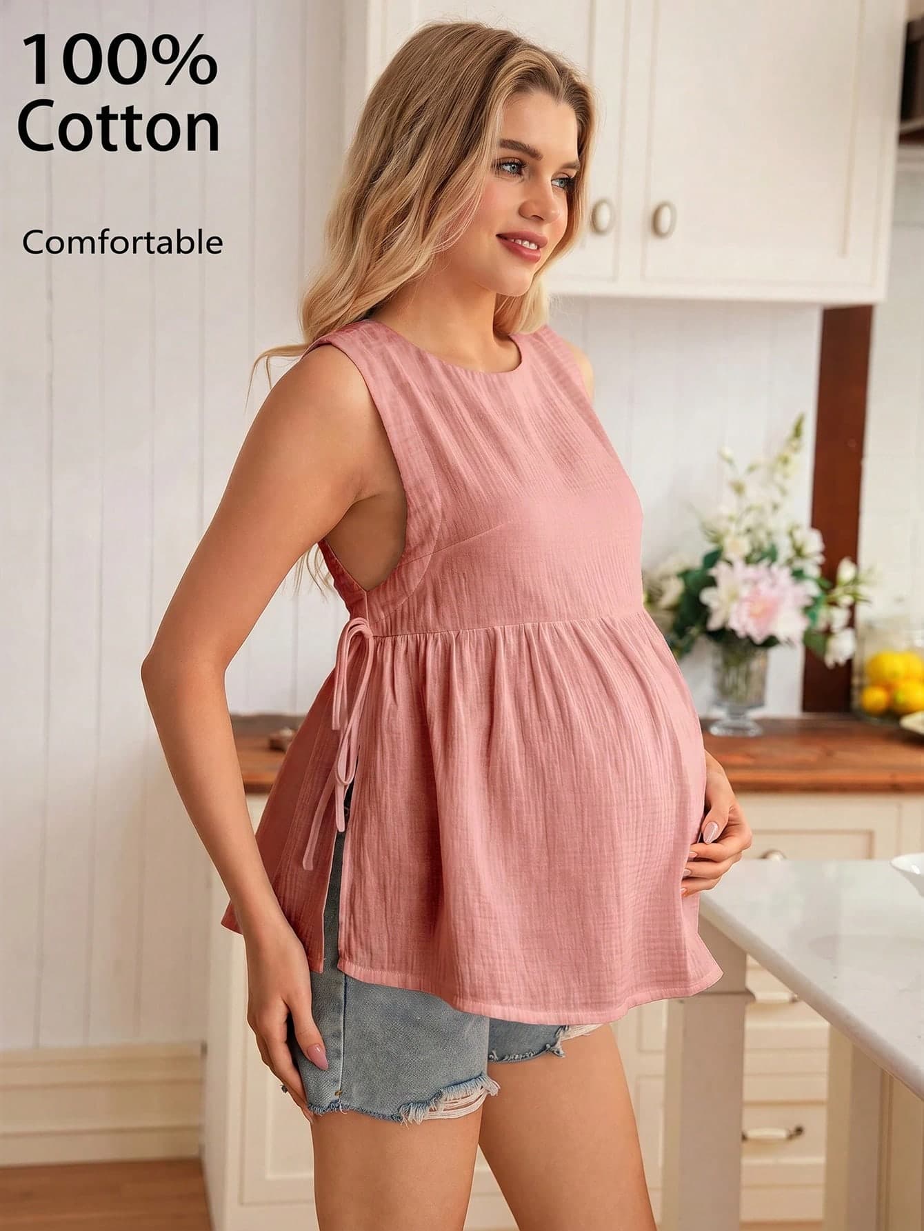 SHEIN Casual Loose Solid Color Sleeveless Side Slit Maternity Shirt