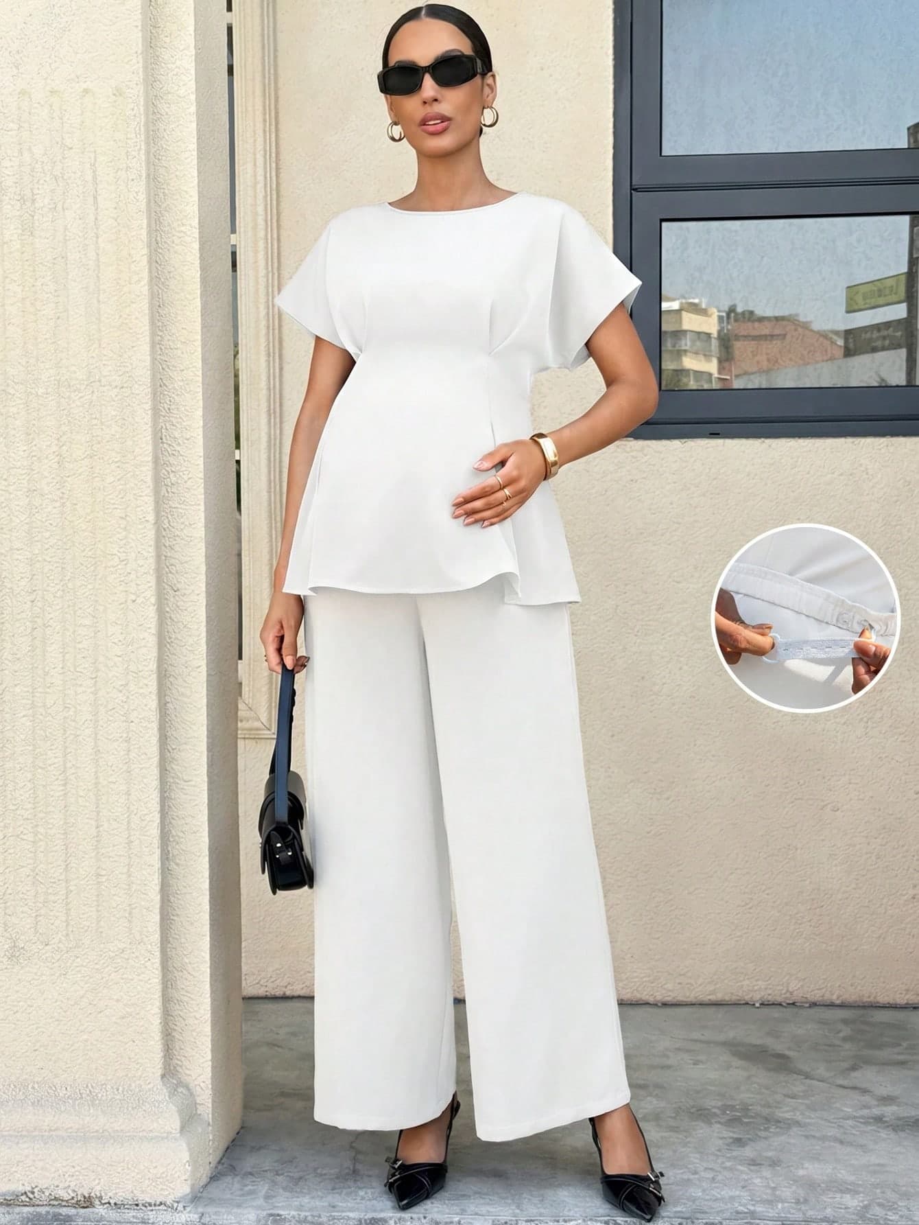 MaterniWear 2pcs Maternity Casual/Office Solid Color Waist Cinched Top And Pants Set, Summer