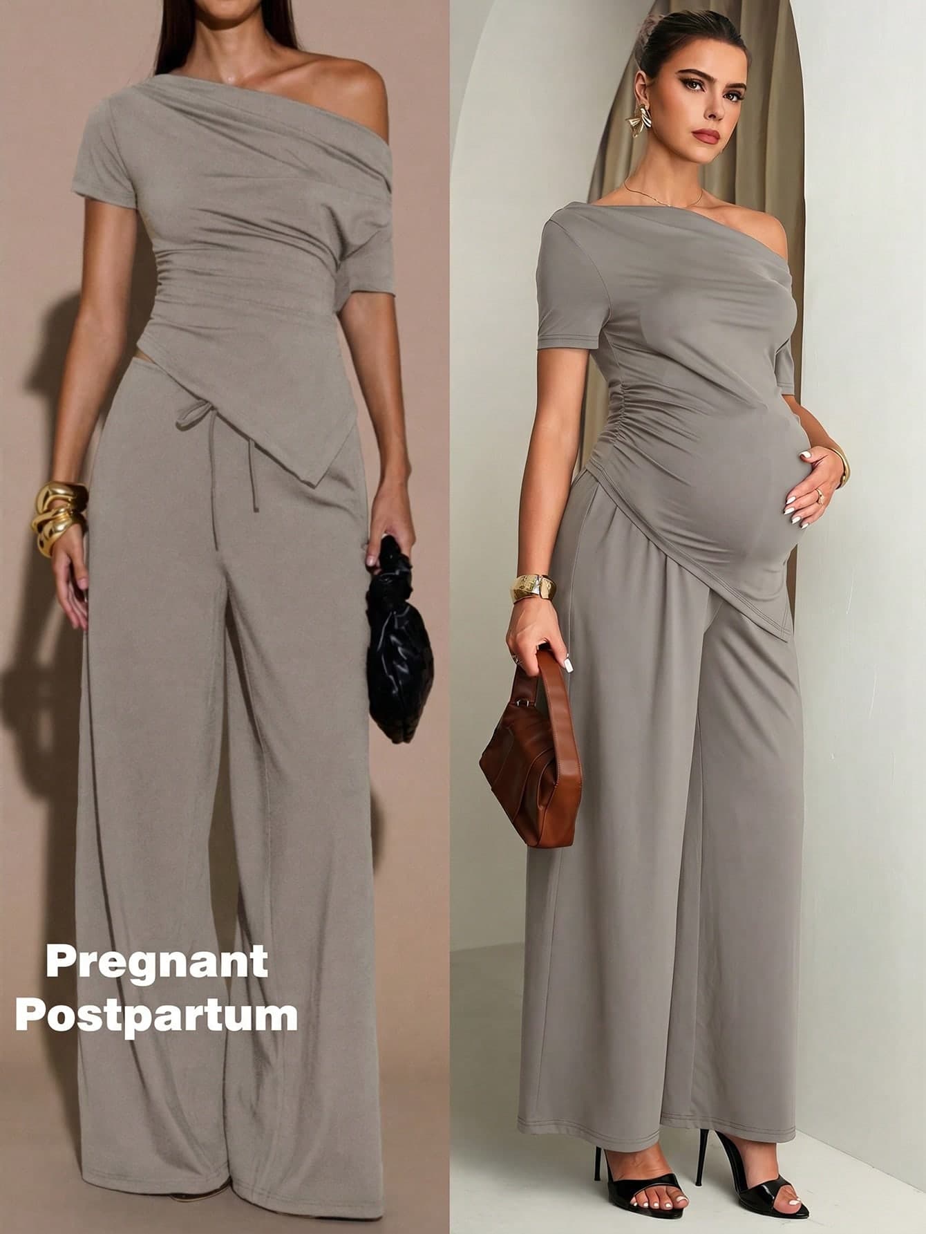 MaterniChic Maternity Casual Solid Color Asymmetric T-Shirt And Pants 2 Pieces Set, Summer