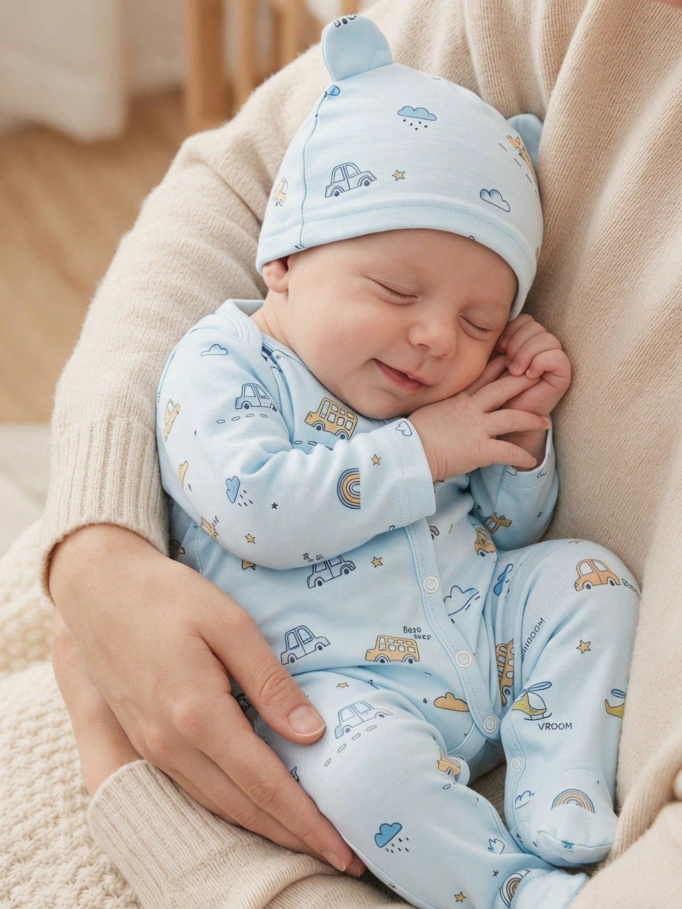 SHEIN 2pcs/Set Newborn Unisex Baby Cartoon Bear Print Long Sleeve Jumpsuit With Hat Light Blue Autumn Cute Family Matching Daily Wear Birthday Photography