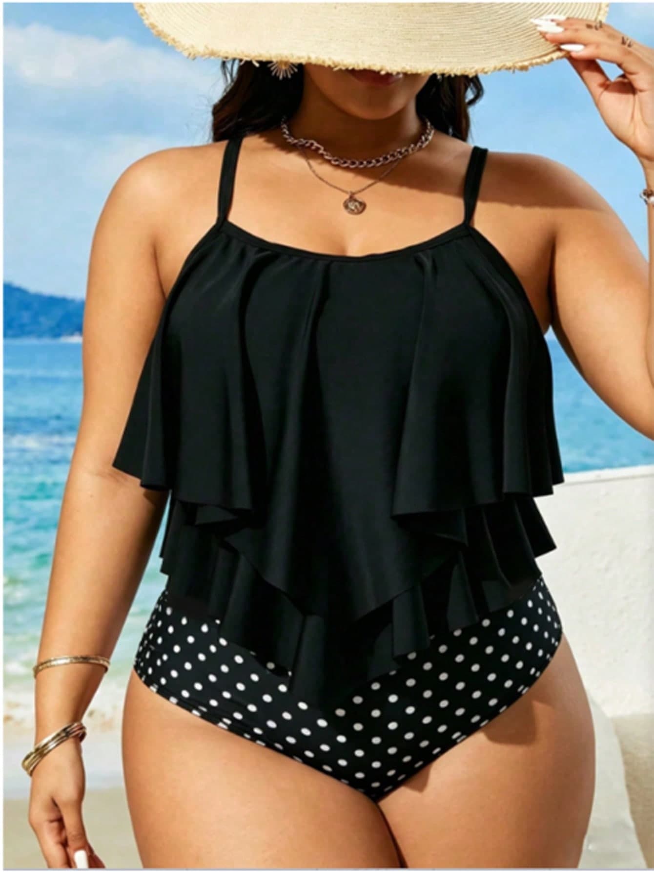 Swim Lushoire Plus Size Women's Summer Beach Vacation Polka Dot Print Tankini Swimwear
